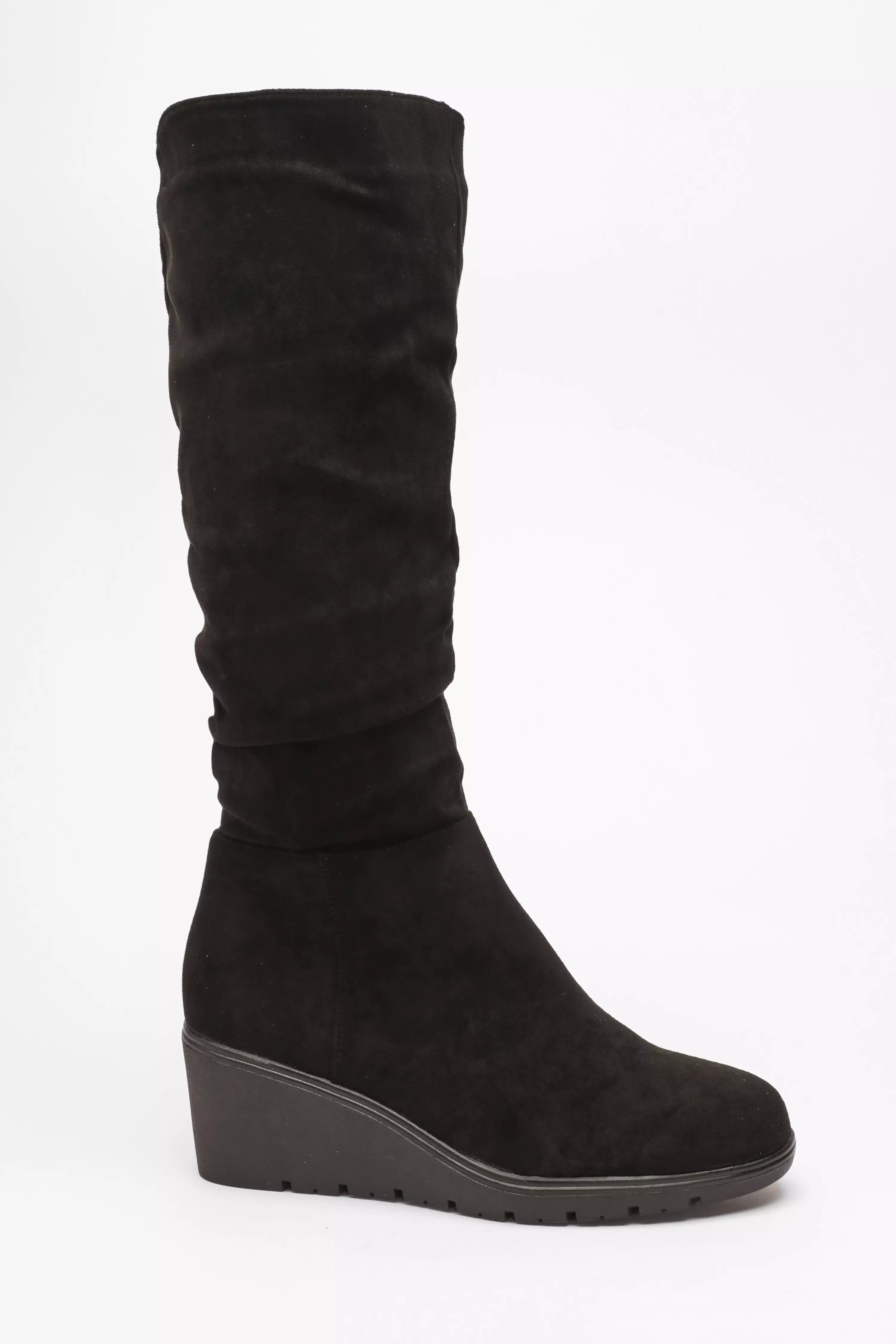 Black Faux Suede Low Wedge Knee High Boots