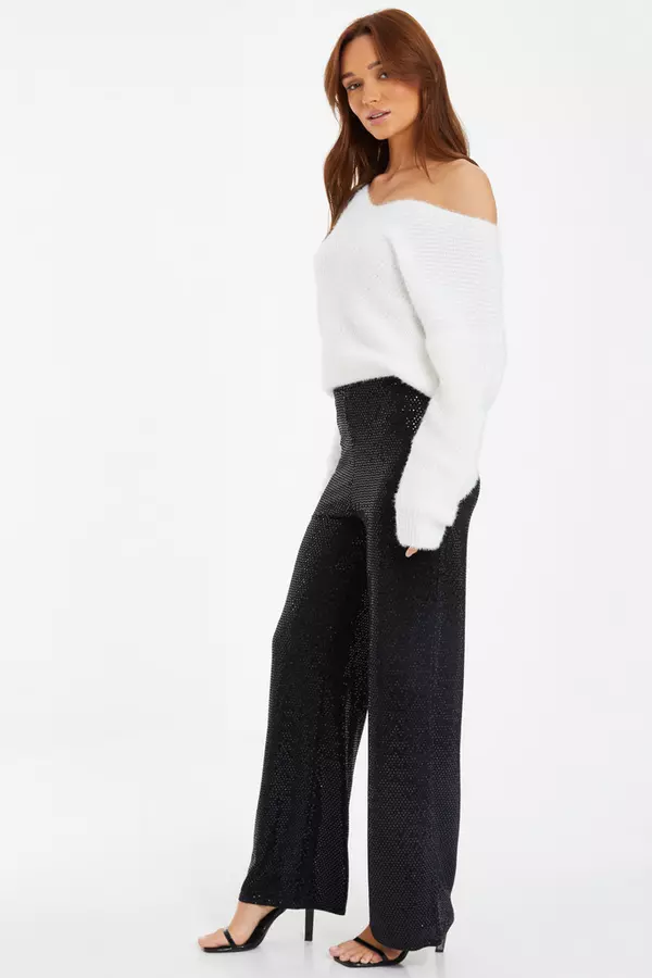Black Sequin High Waist Palazzo Trousers