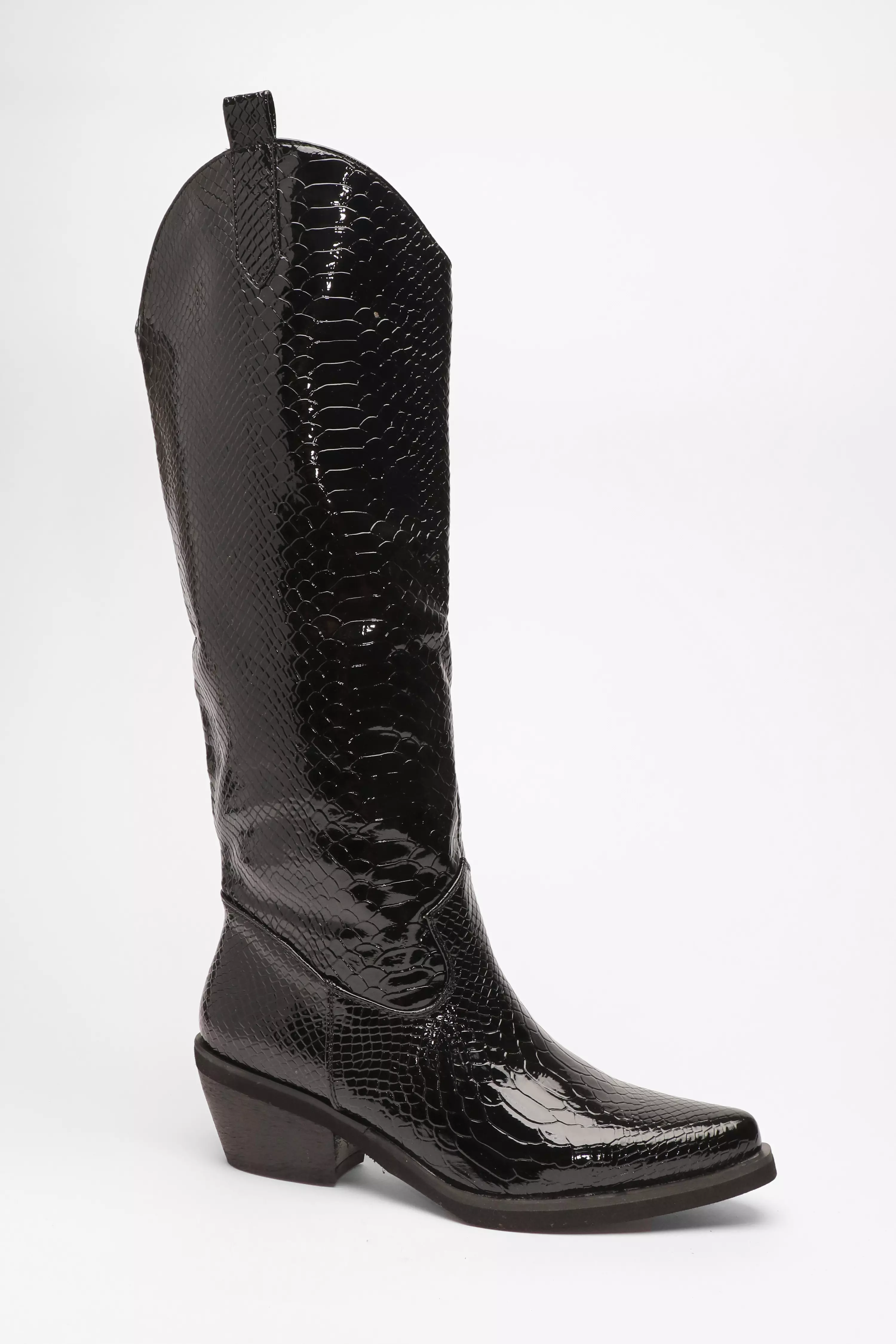 Black Faux Patent Leather Snake Print Western Boots