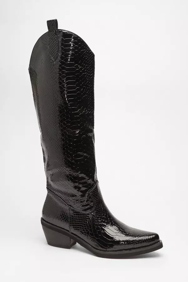 Black Faux Patent Leather Snake Print Western Boots