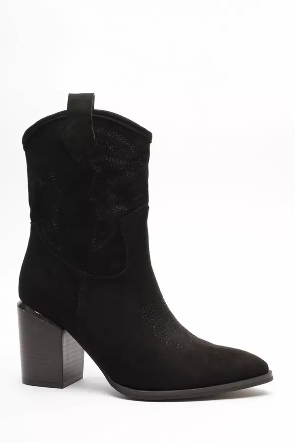 Black Faux Suede High Heel Western Ankle Boots