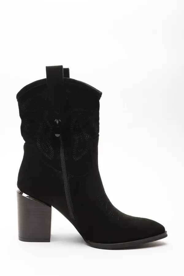 Black Faux Suede High Heel Western Ankle Boots
