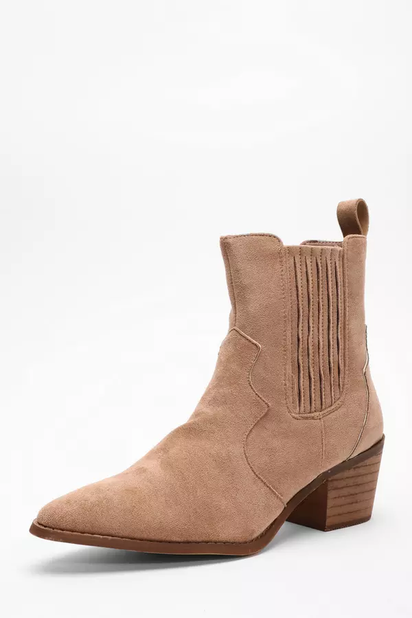 Beige Faux Suede Western Ankle Boots