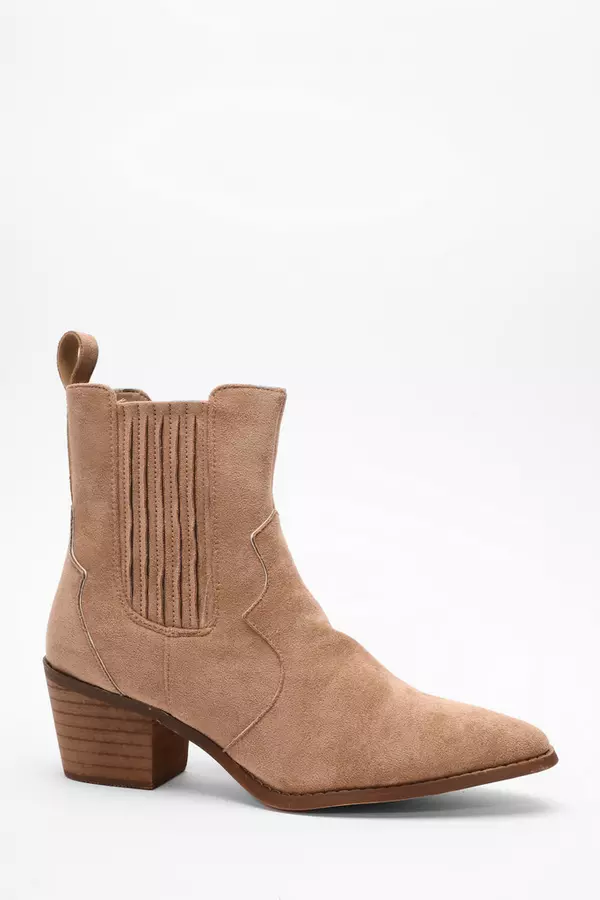 Beige Faux Suede Western Ankle Boots