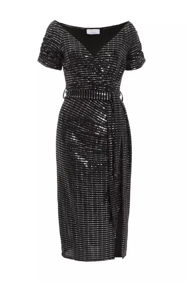 Grey Glitter Bardot Wrap Midi Dress