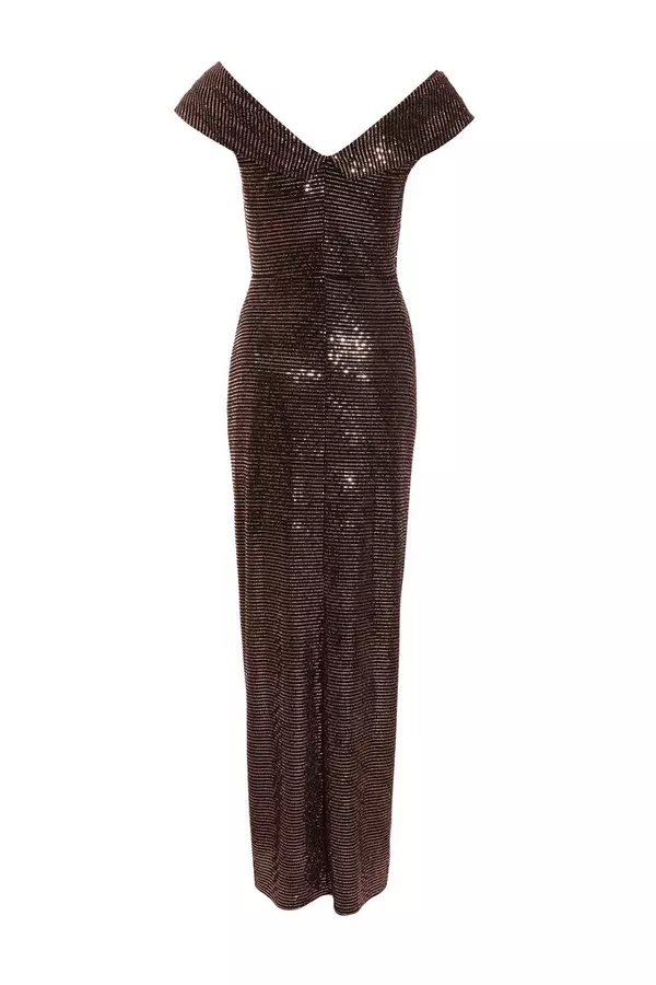 Bronze Glitter Bardot Ruched Maxi Dress
