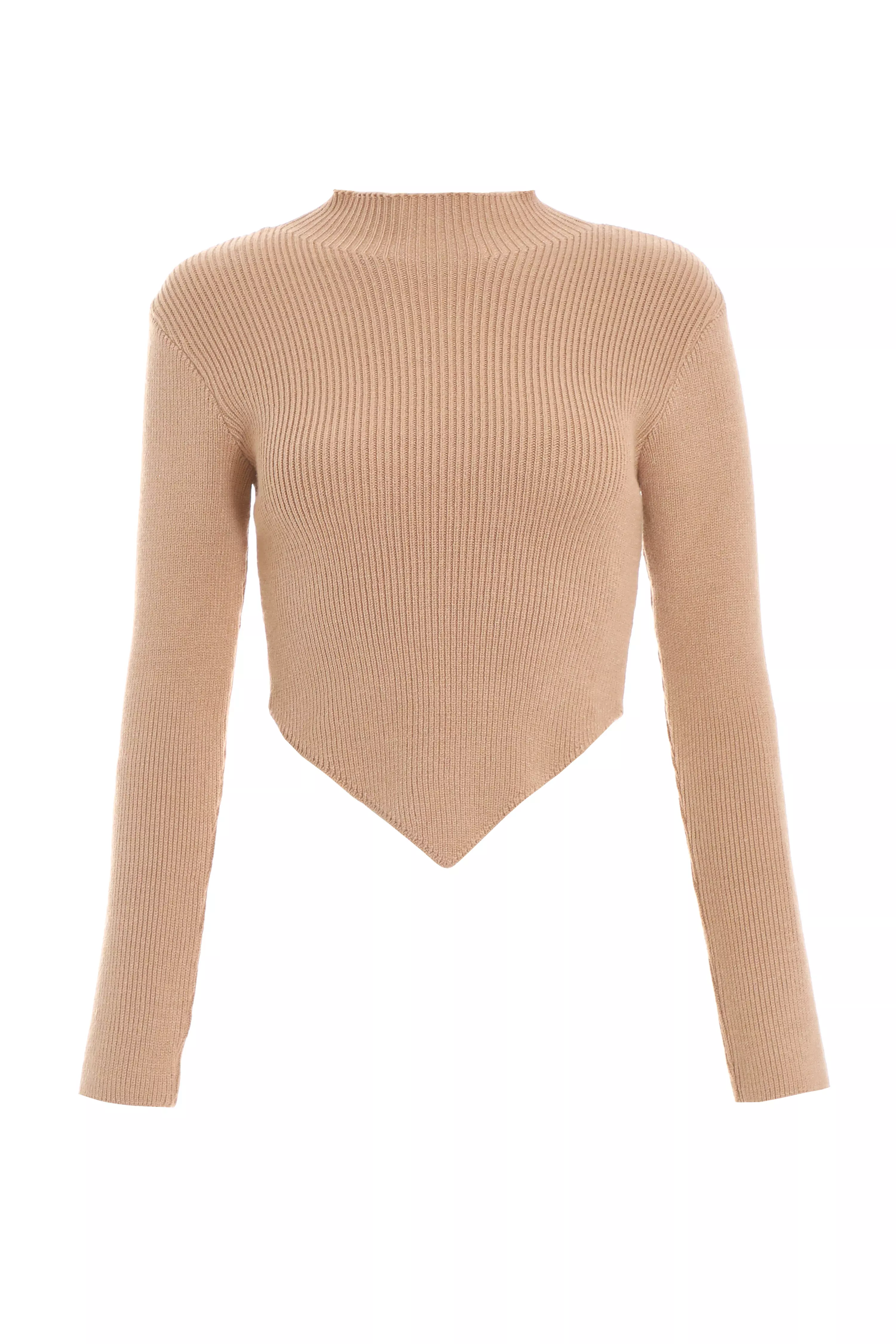 Camel Knitted Turtle Neck Crop Jumper