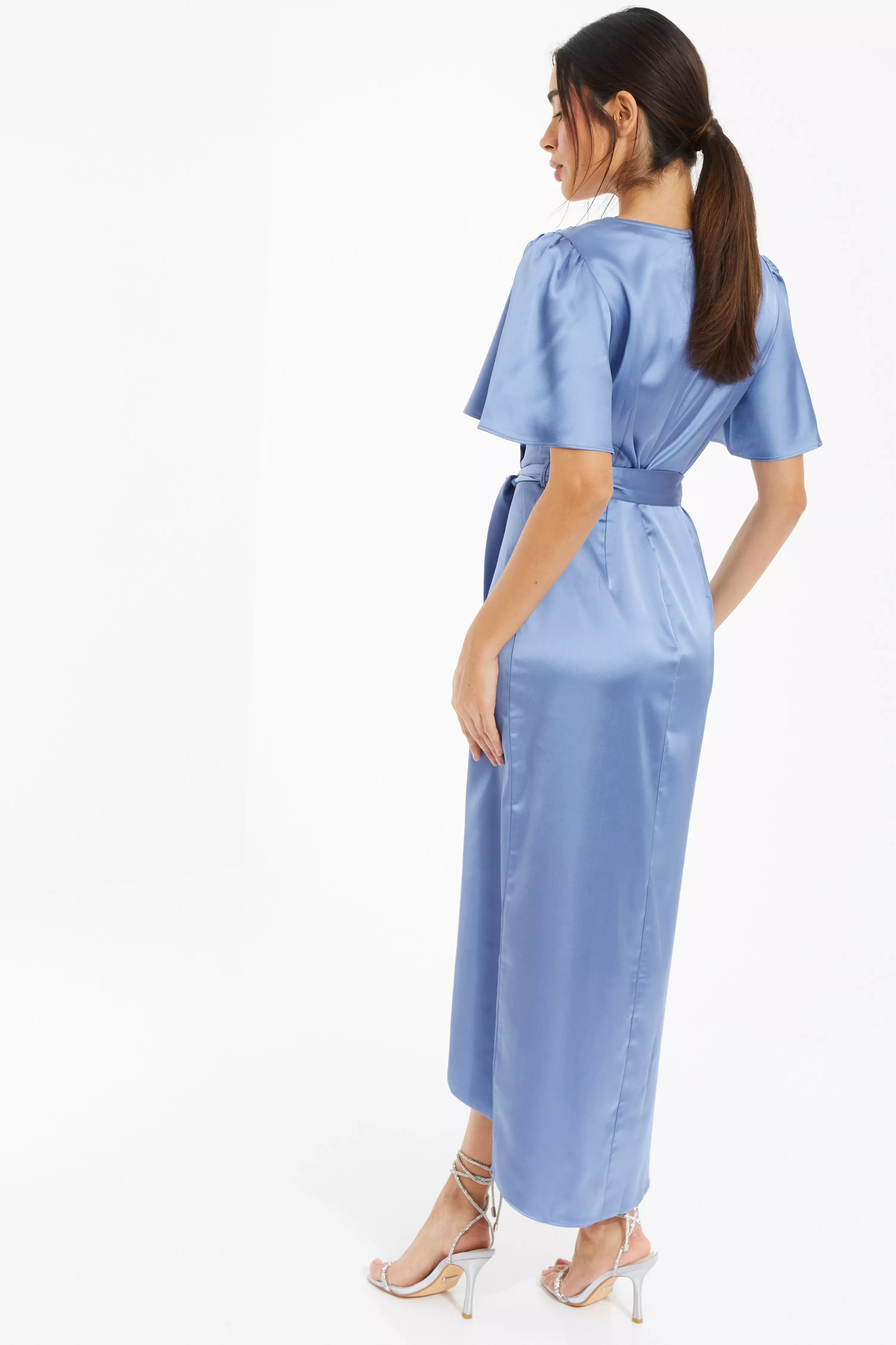 Blue Satin Wrap Ruched Midi Dress