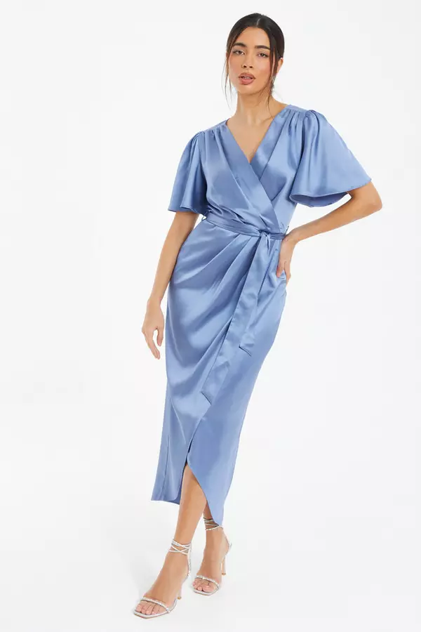 Blue Satin Wrap Ruched Midi Dress