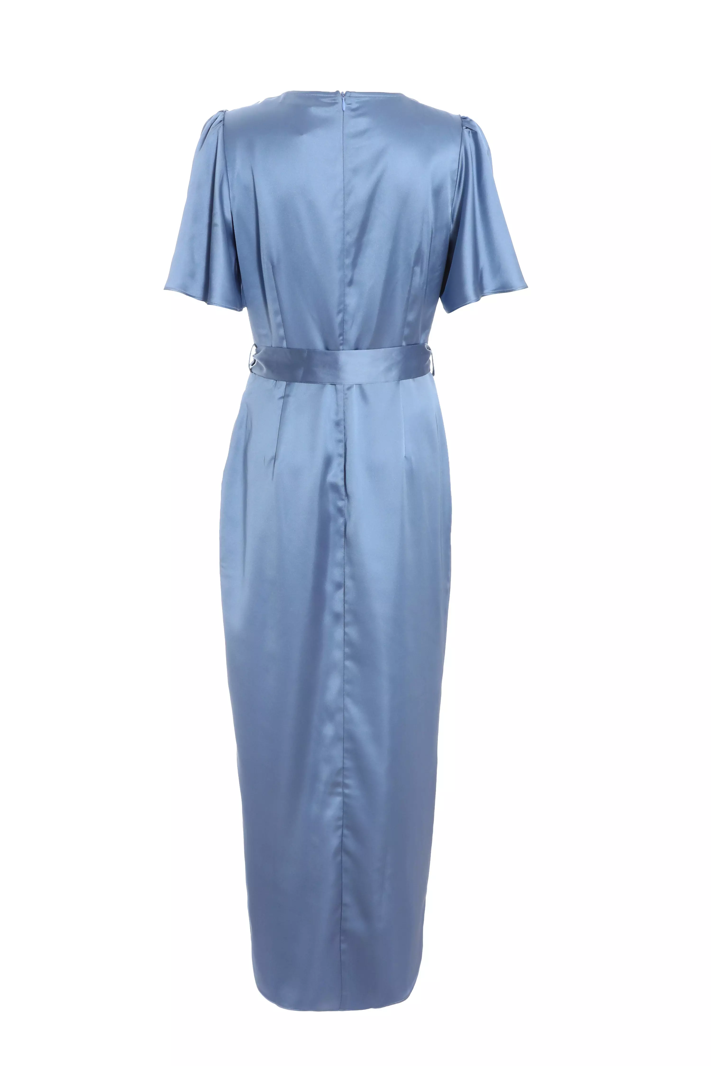 Blue Satin Wrap Ruched Midi Dress