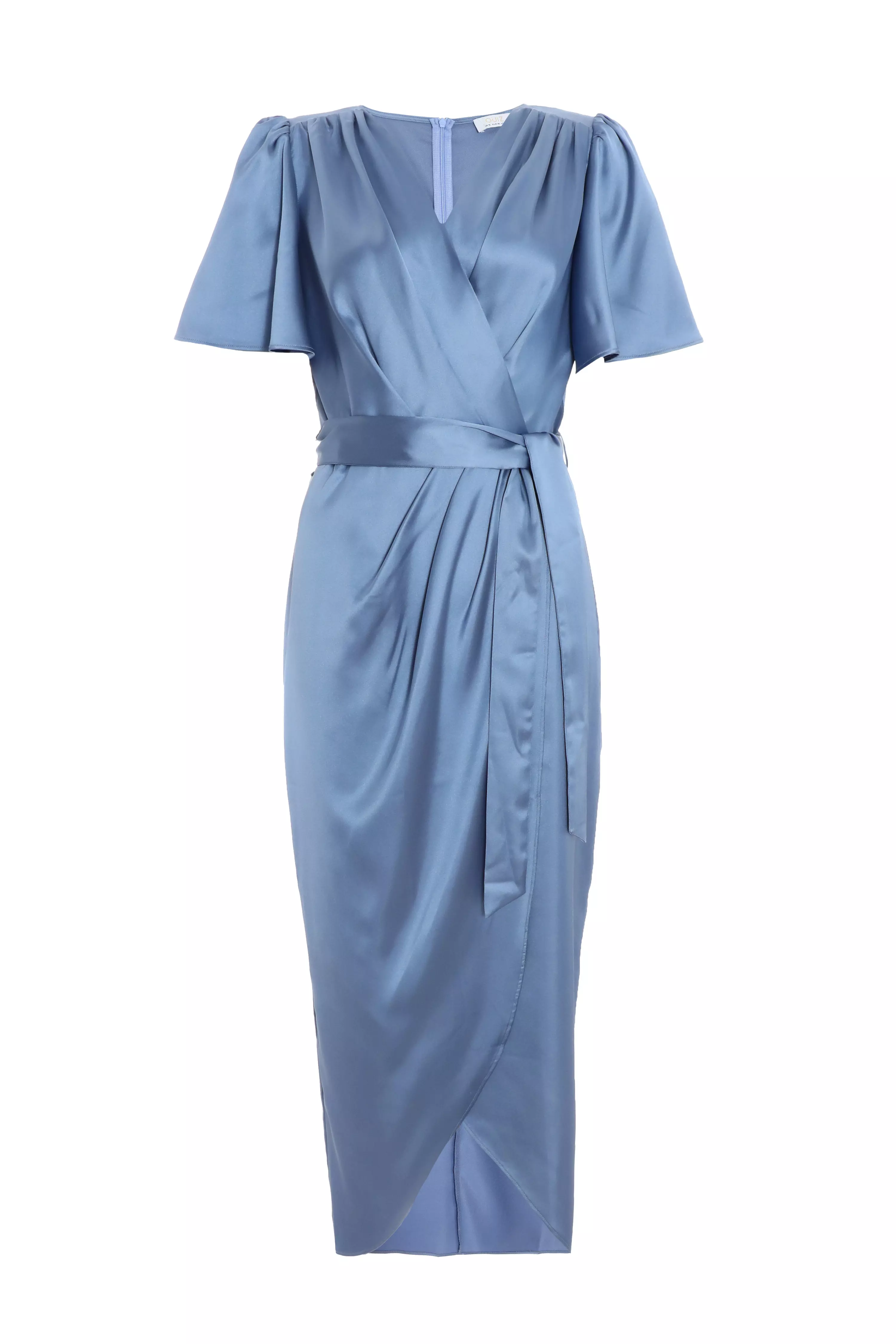 Blue Satin Wrap Ruched Midi Dress
