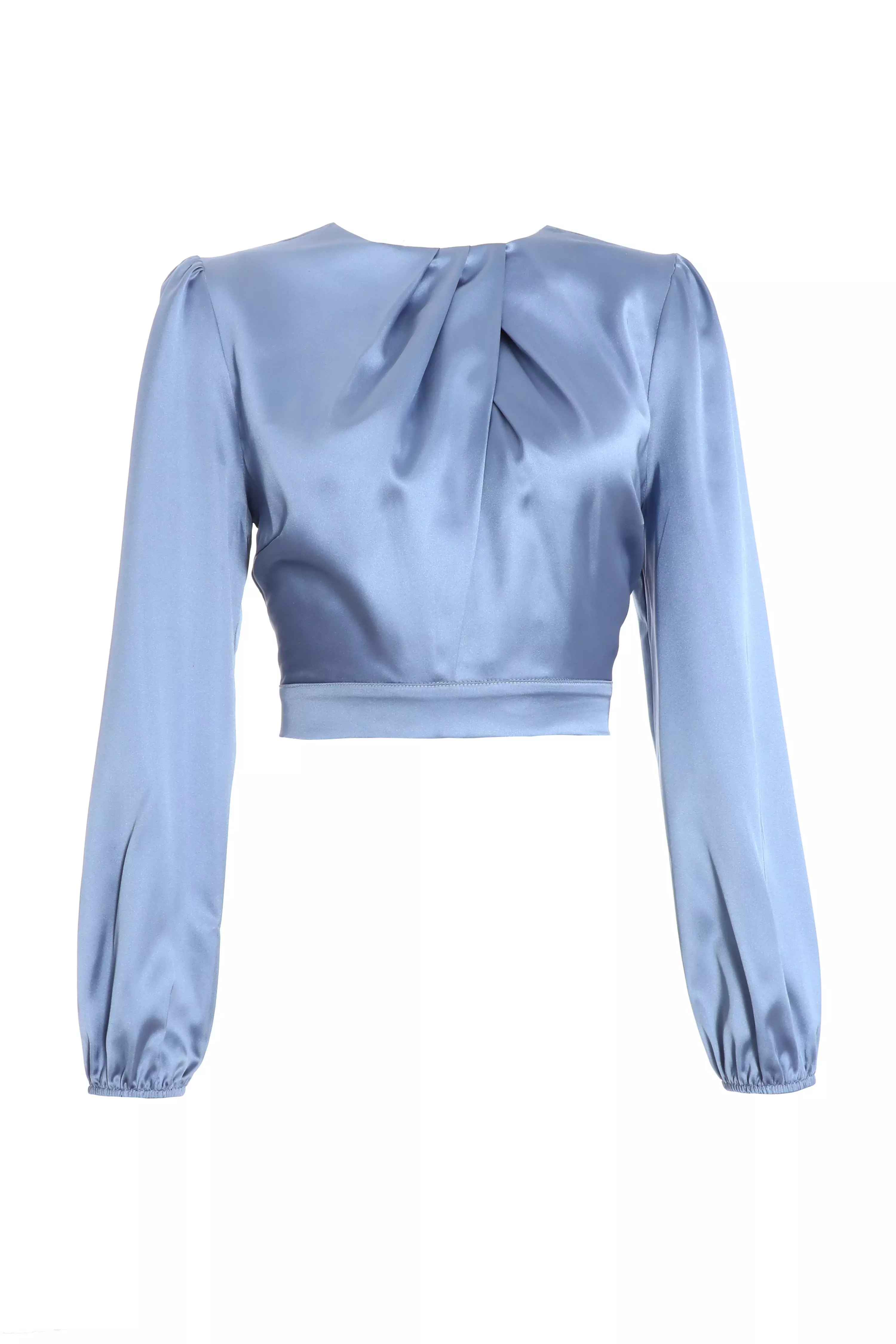 Blue Satin Twist Neck Crop Top