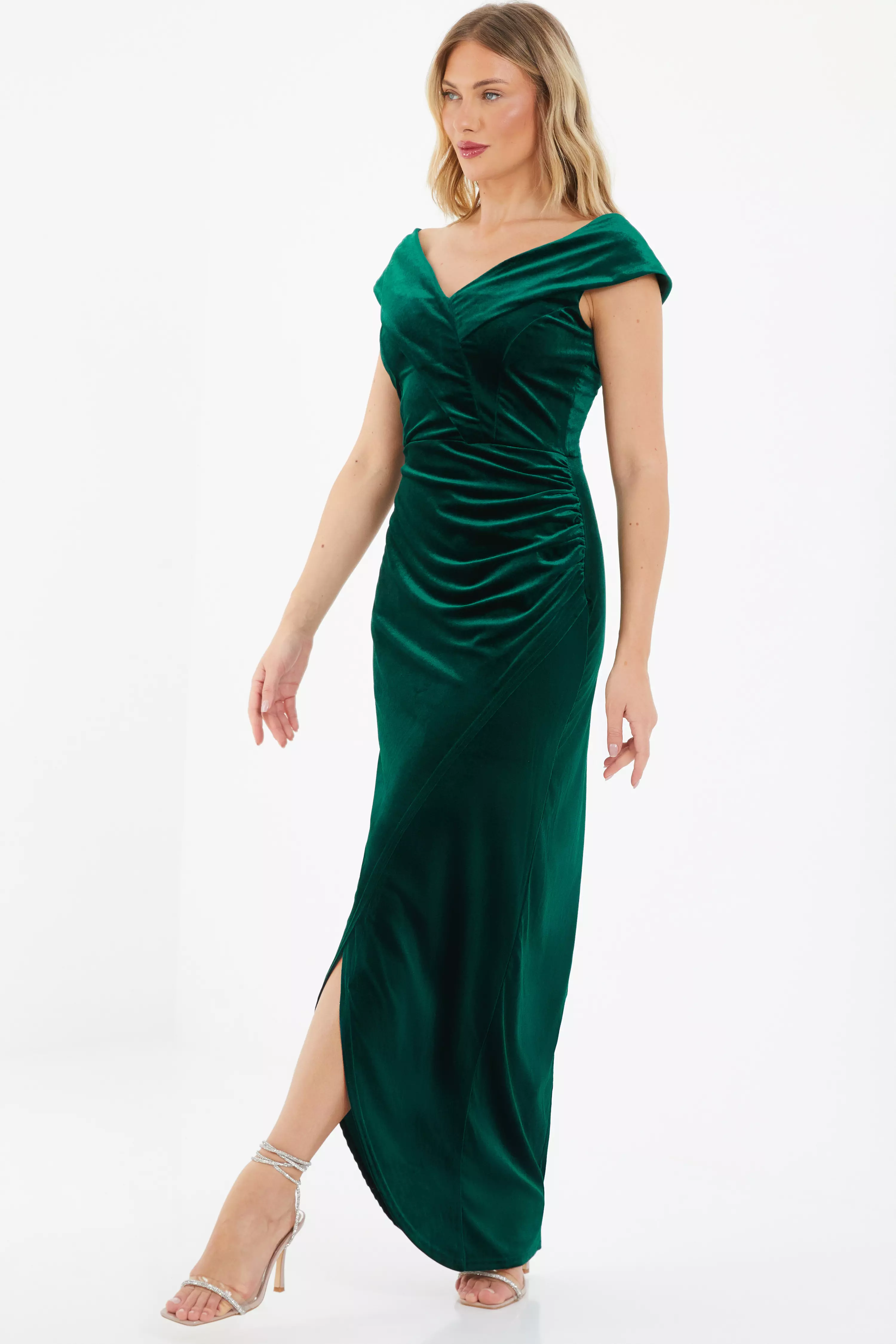 Bottle Green Velvet Ruched Maxi Dress