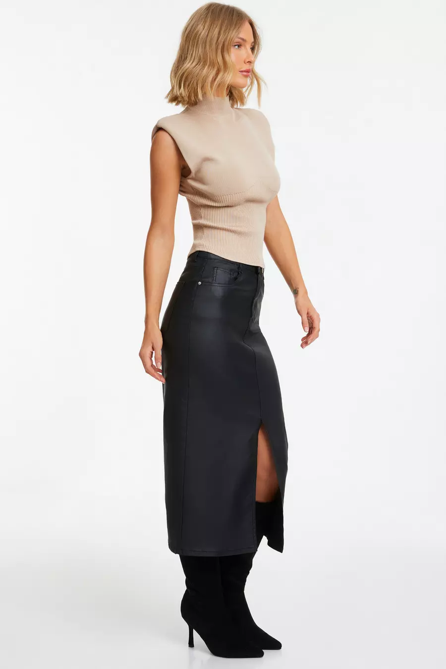 Black faux leather midi skirt uk best sale