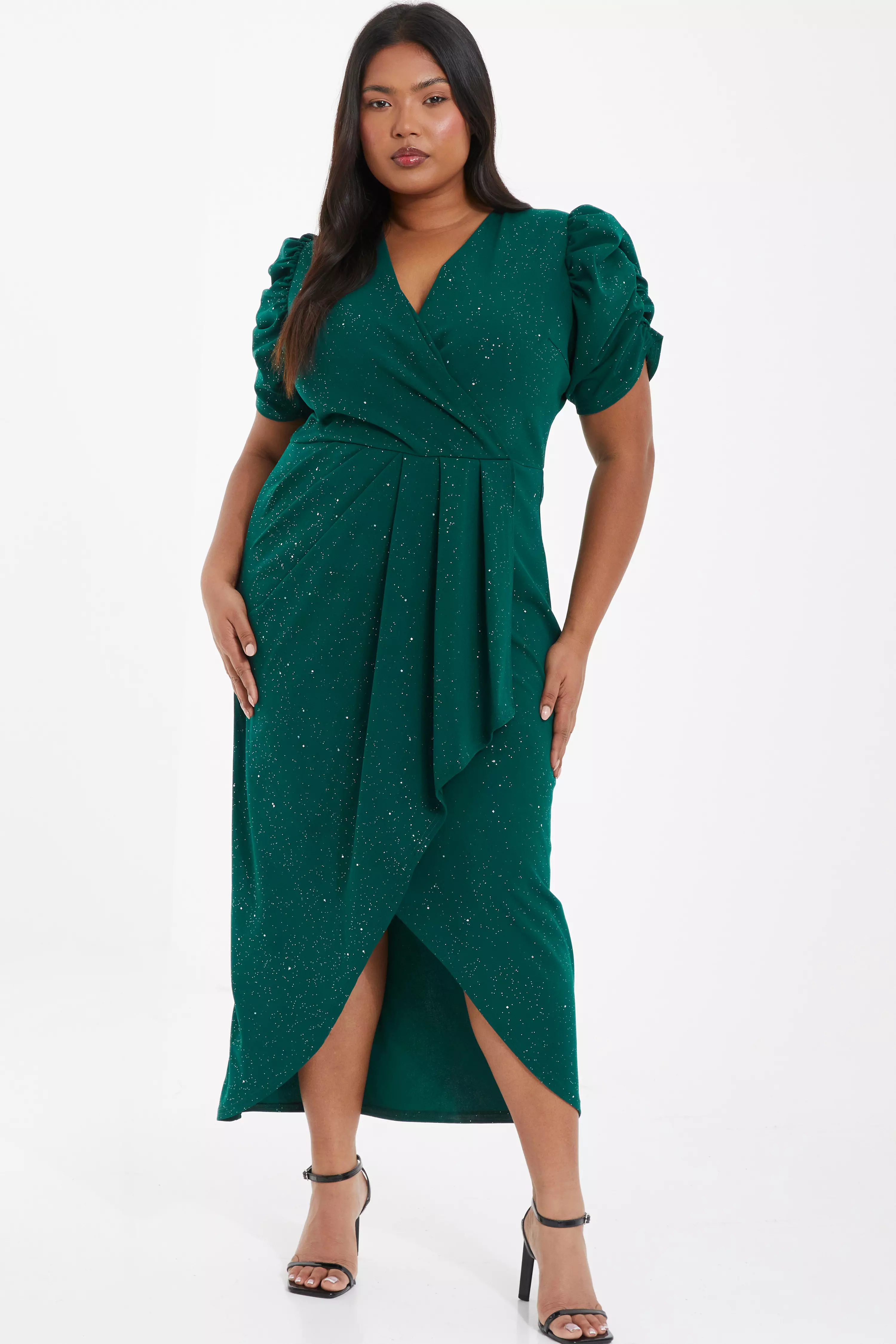 Curve Bottle Green Glitter Wrap Midi Dress