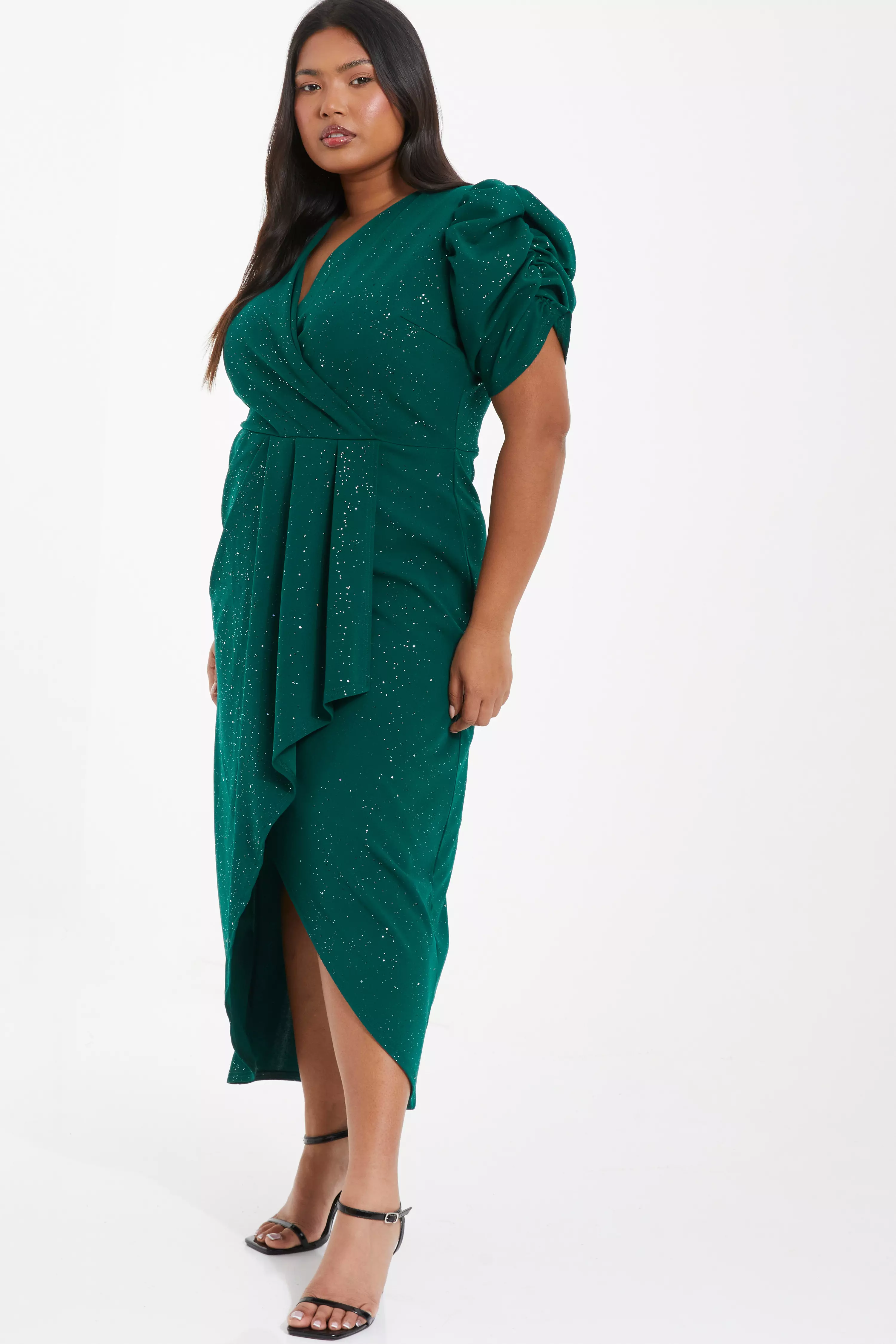 Curve Bottle Green Glitter Wrap Midi Dress