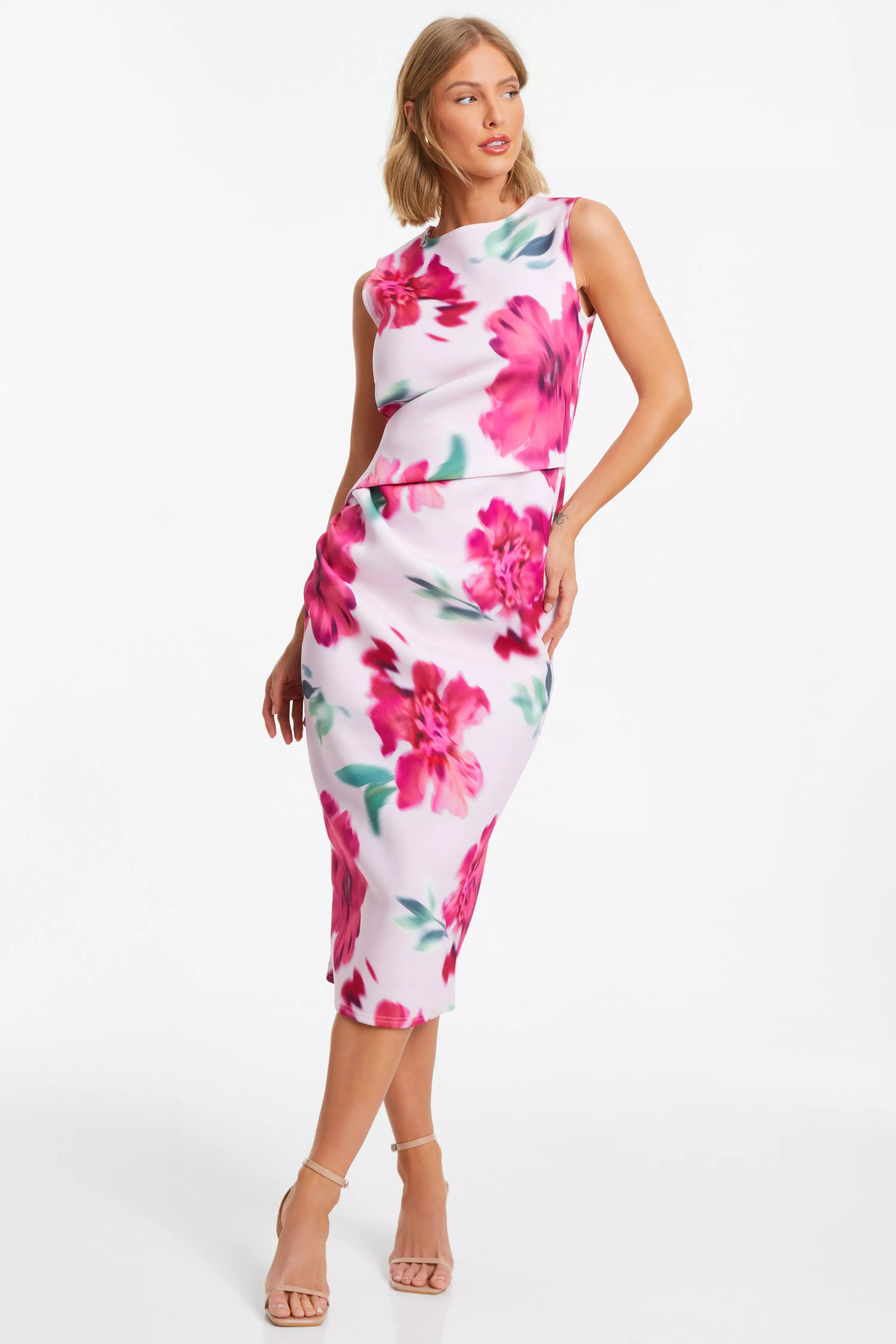 Pink Floral Ruched Midi Dress