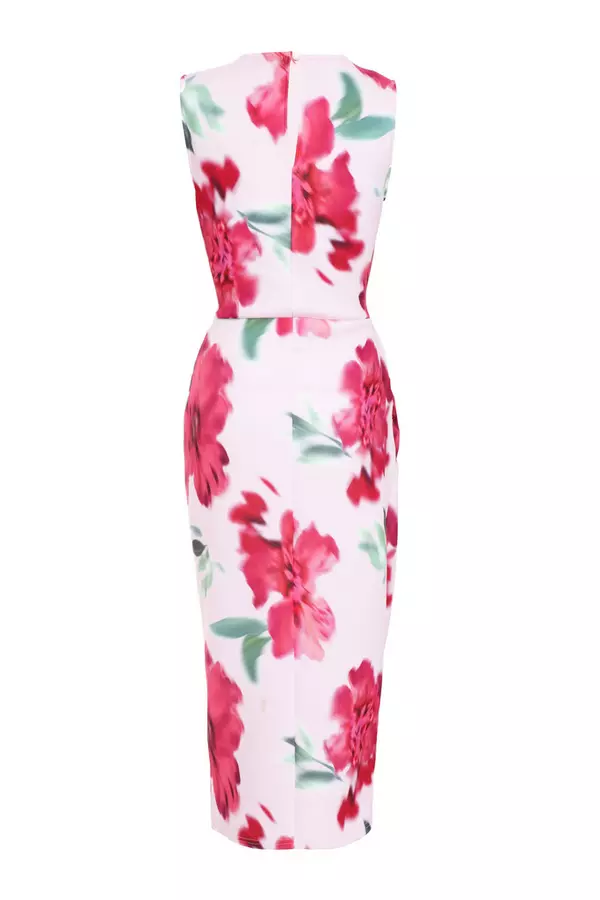 Pink Floral Ruched Midi Dress