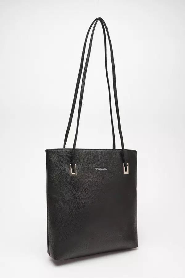 Black Faux Leather Shoulder Tote Bag