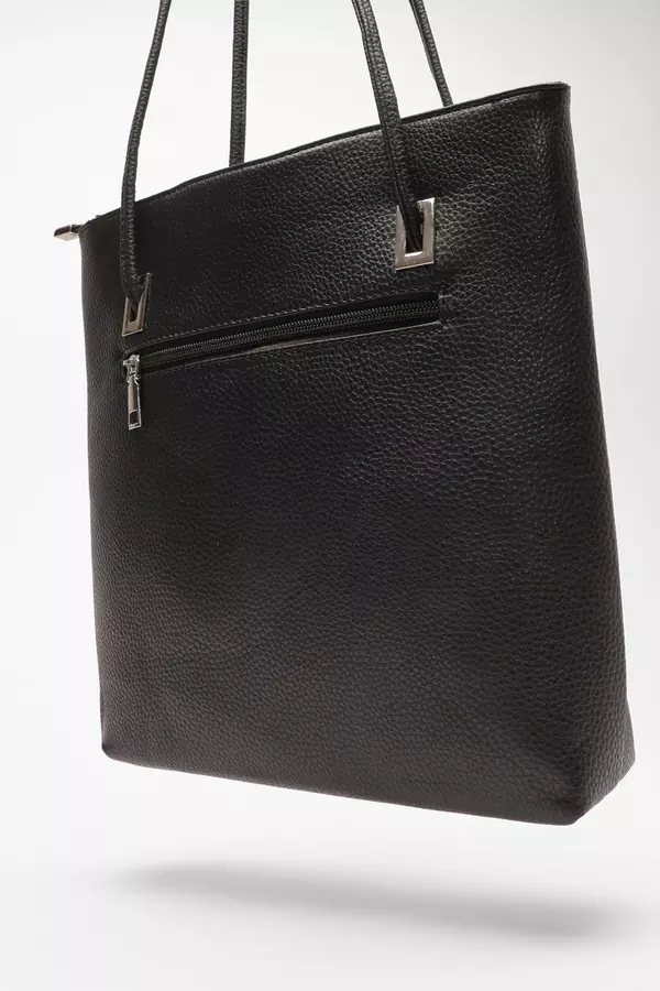 Black Faux Leather Shoulder Tote Bag