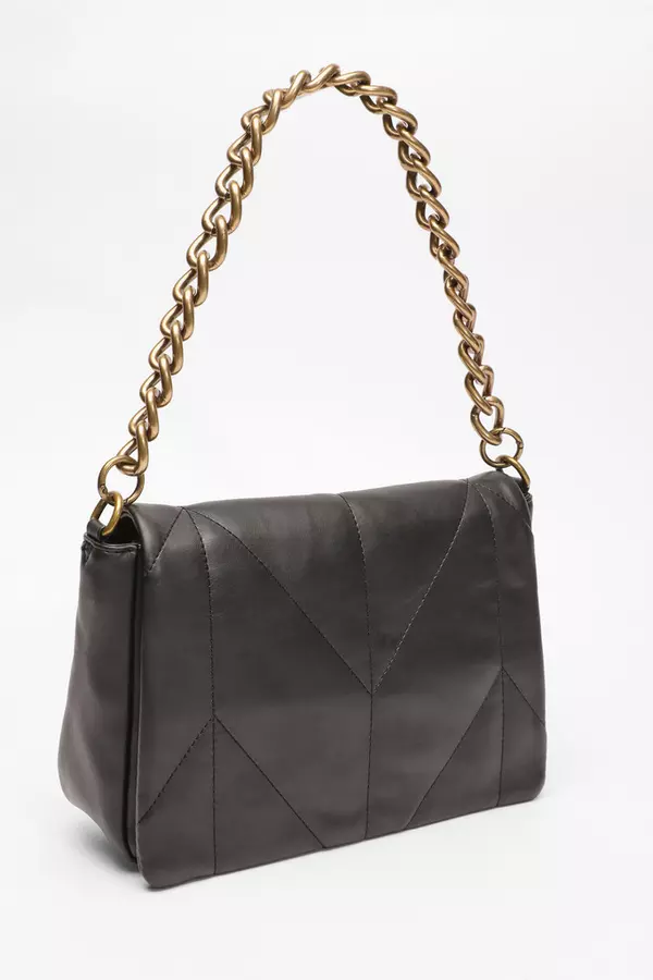 Black Faux Leather Quilted Shoulder Bag