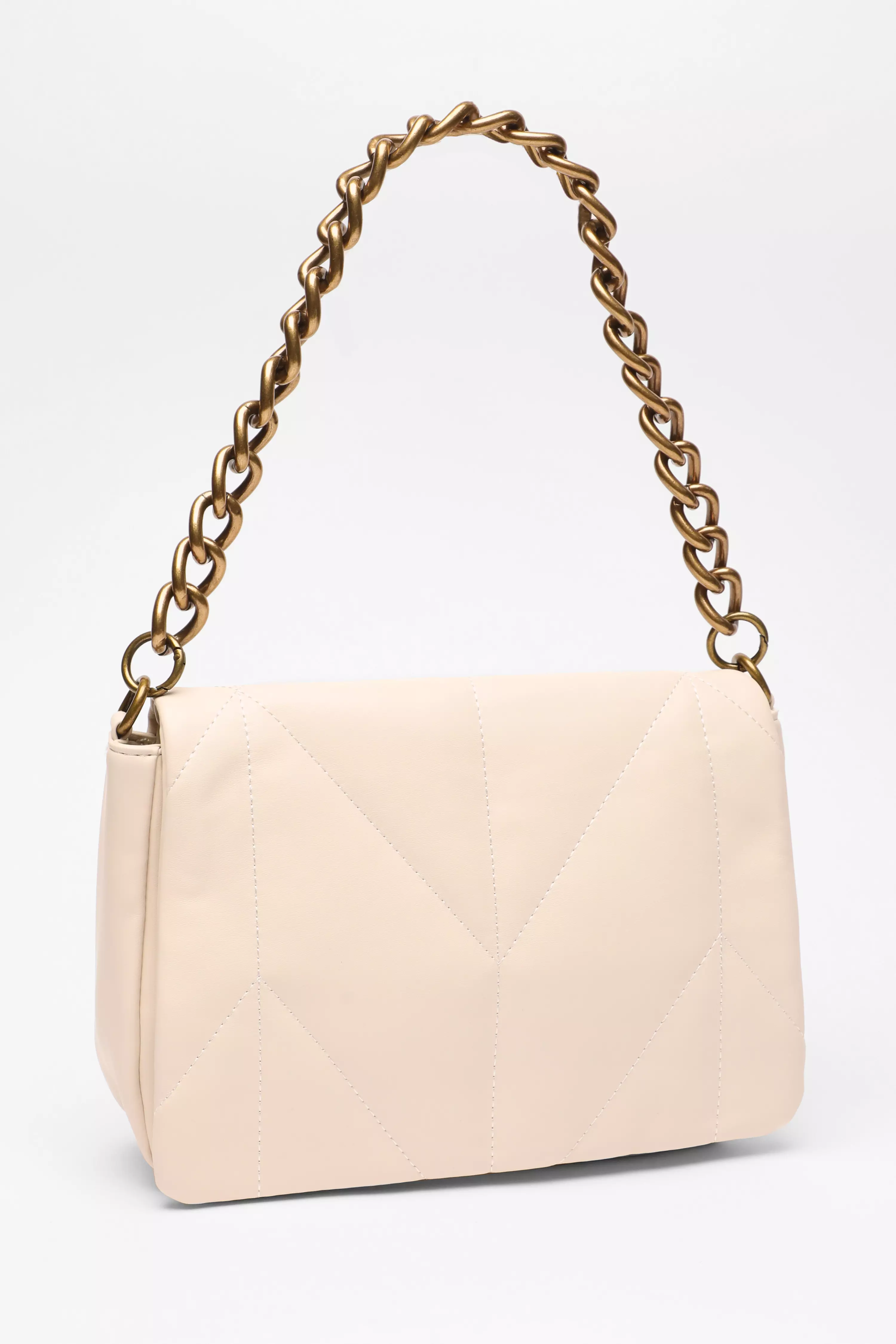 Cream Faux Leather Quilted Shoulder Bag