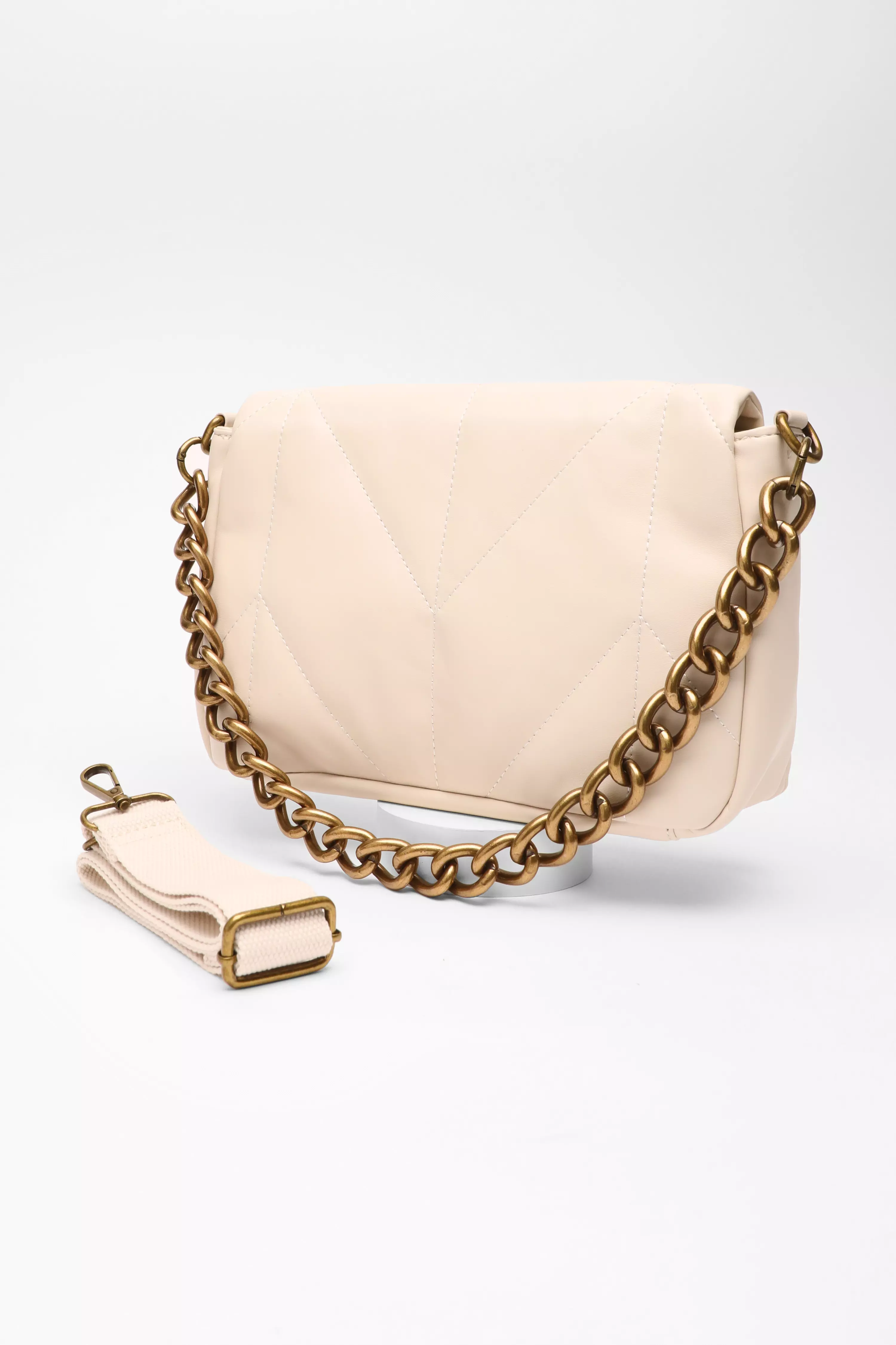 Cream Faux Leather Quilted Shoulder Bag