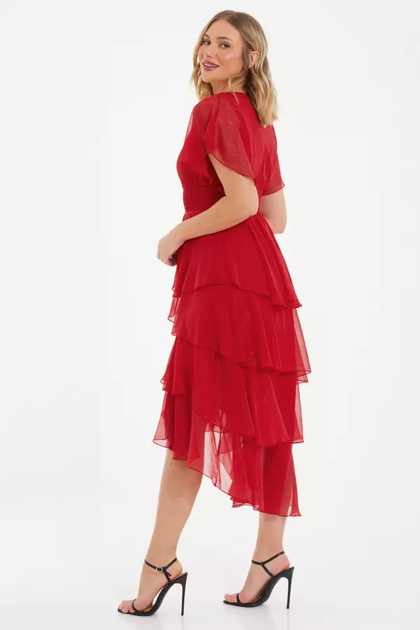 Red Glitter Tiered Midi Dress