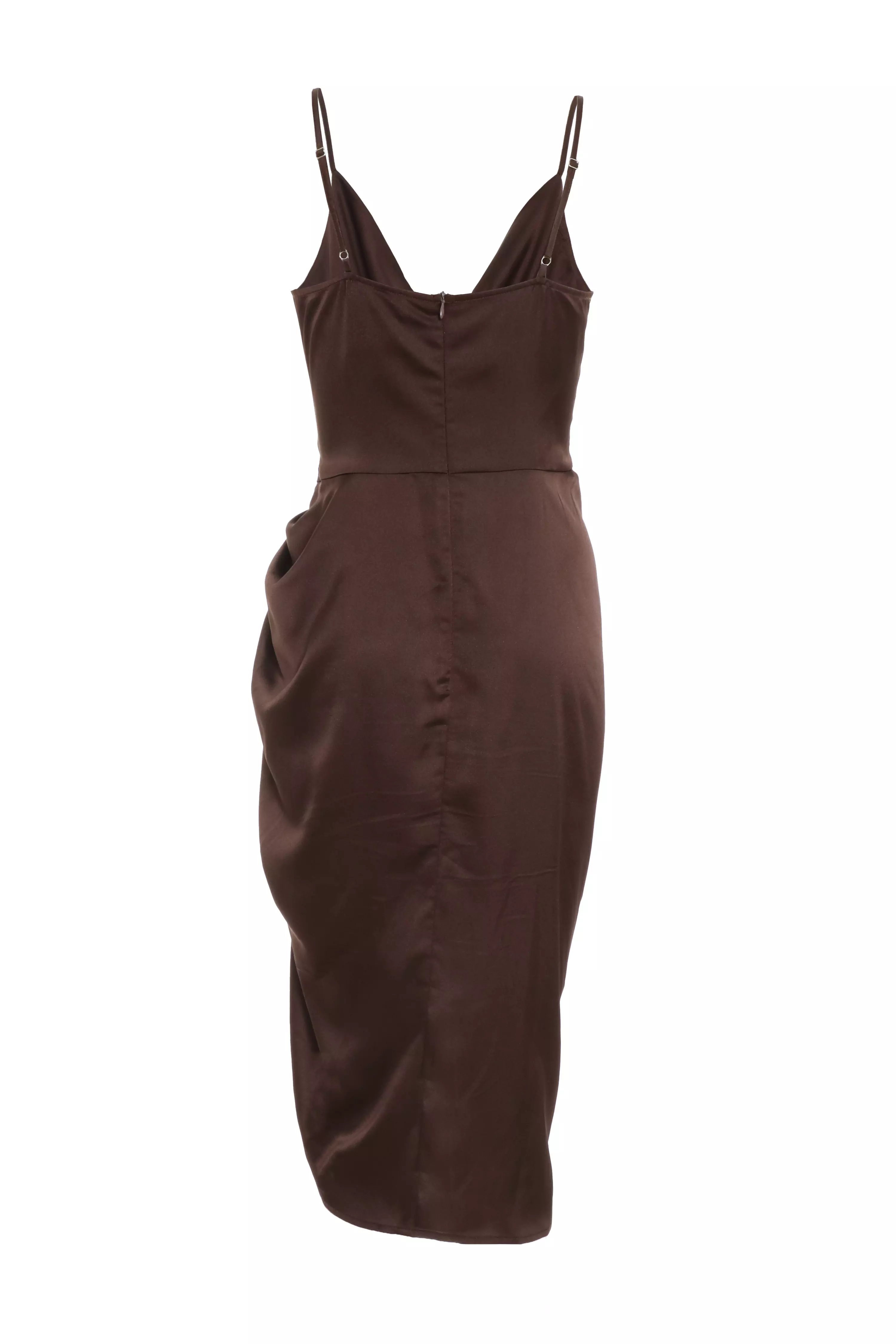 Petite Brown Satin Ruched Midi Dress