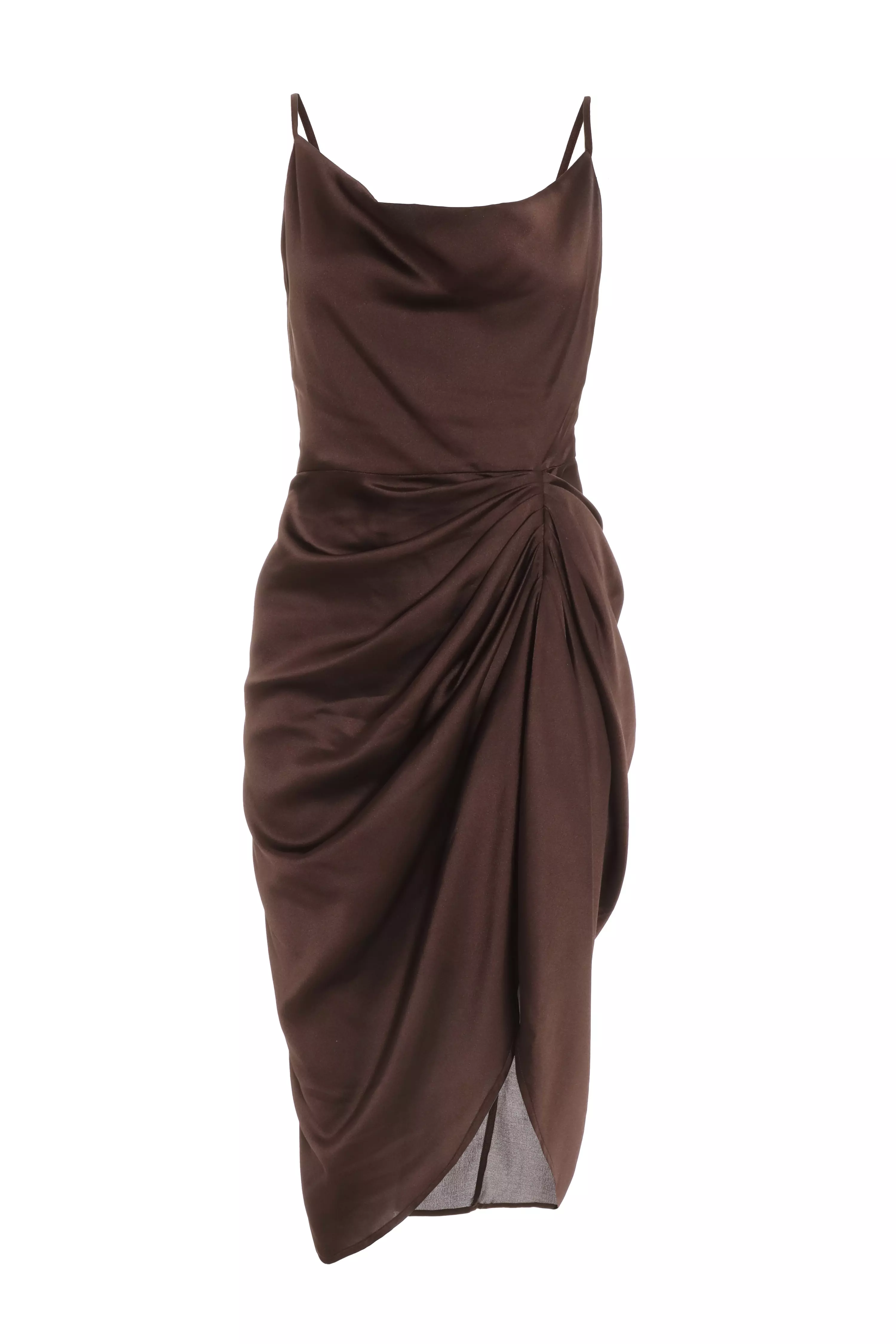 Petite Brown Satin Ruched Midi Dress