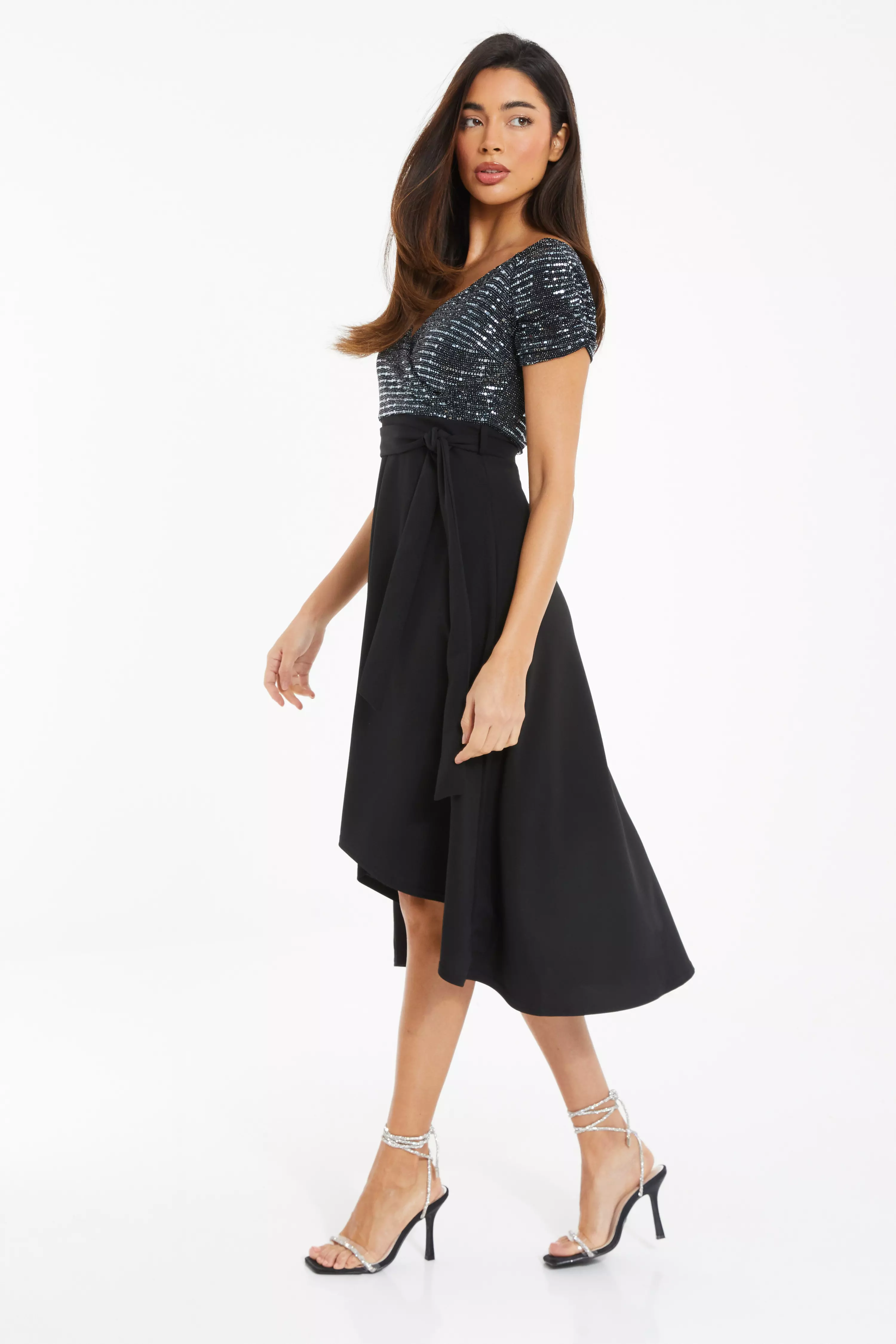 Black Shimmer Bardot Dip Hem Midi Dress