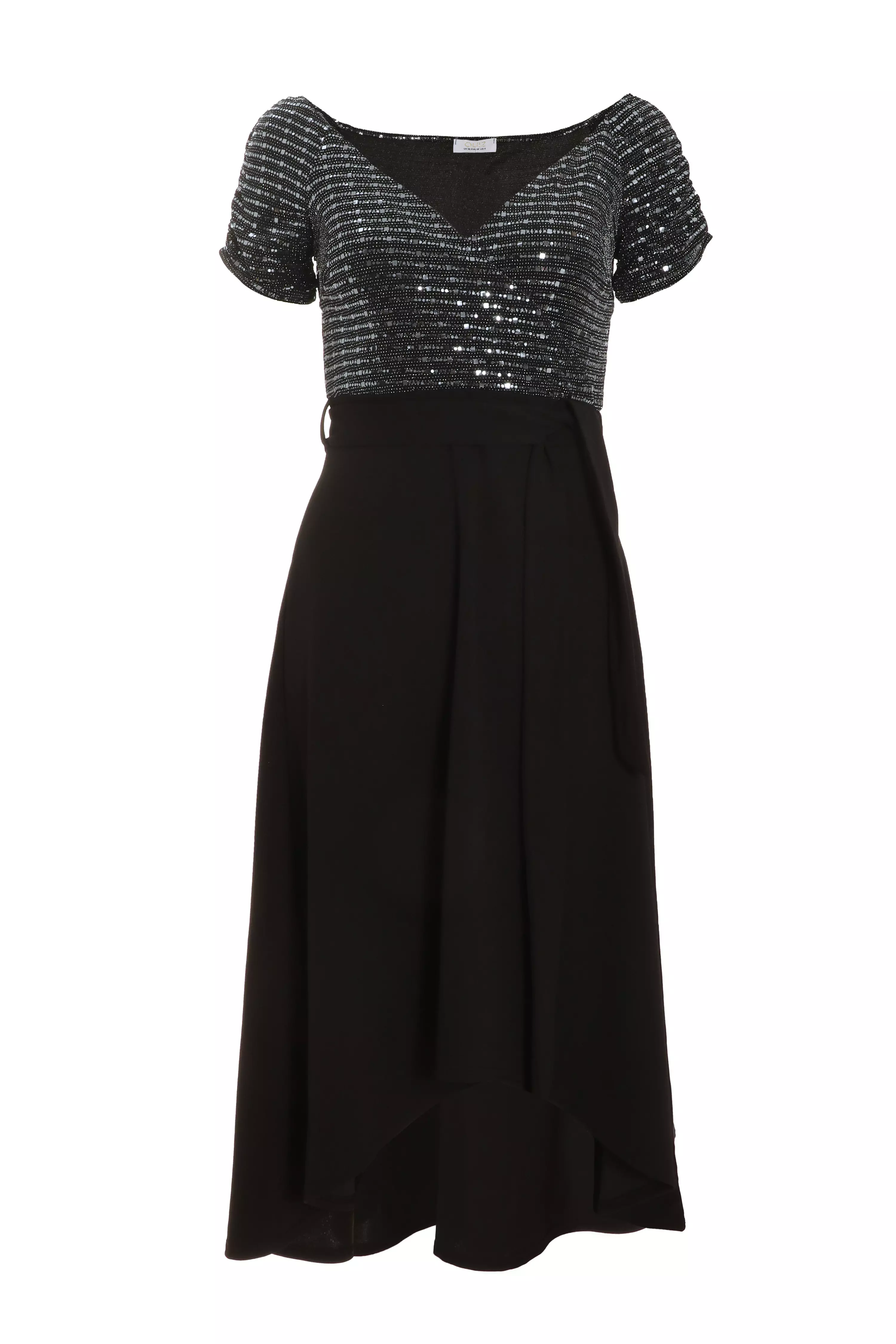 Black Shimmer Bardot Dip Hem Midi Dress