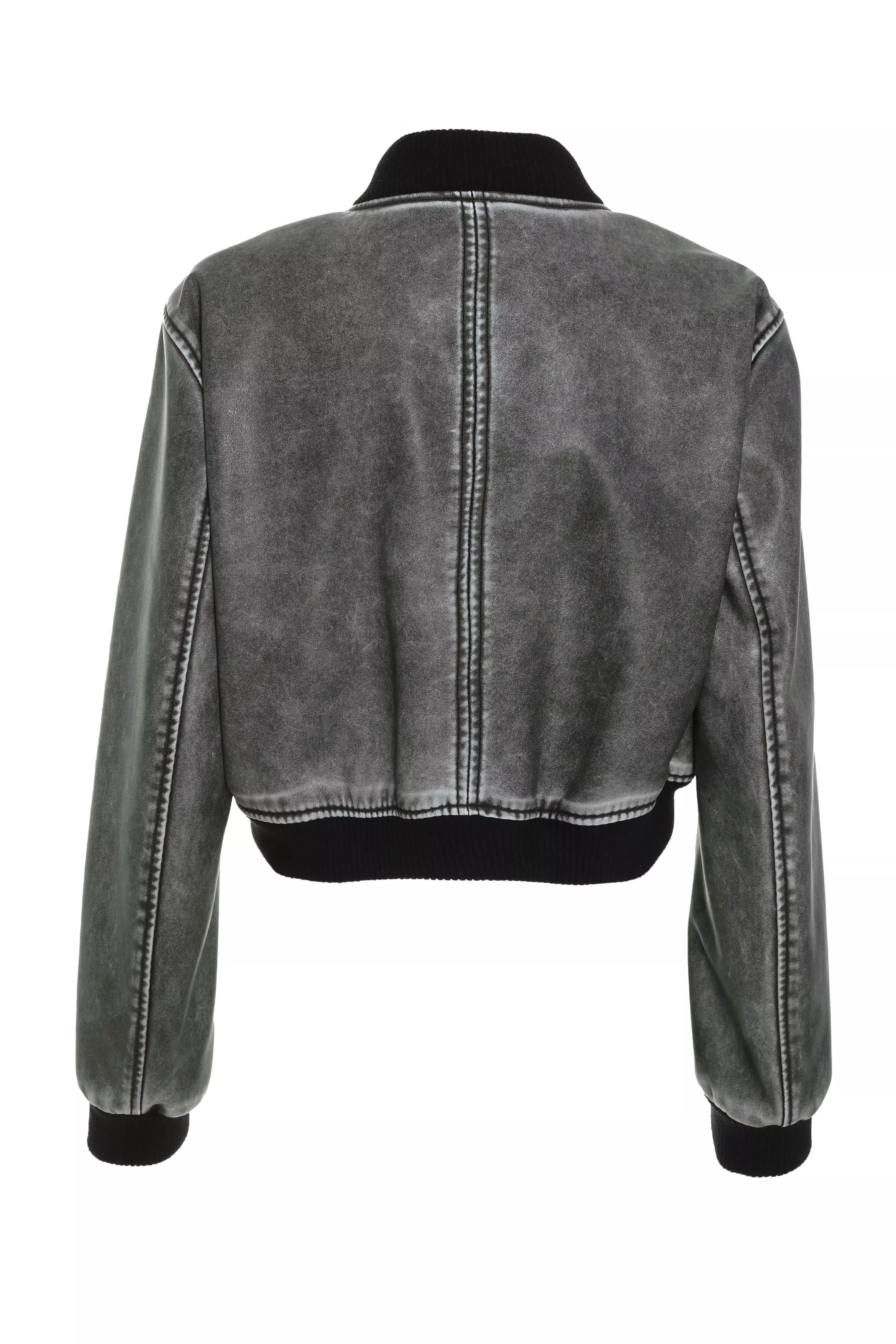 Grey Faux Leather Bomber Jacket