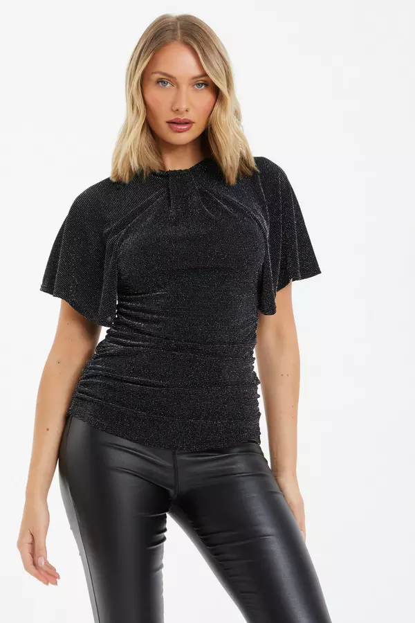 Black Sequin Batwing Ruched Top