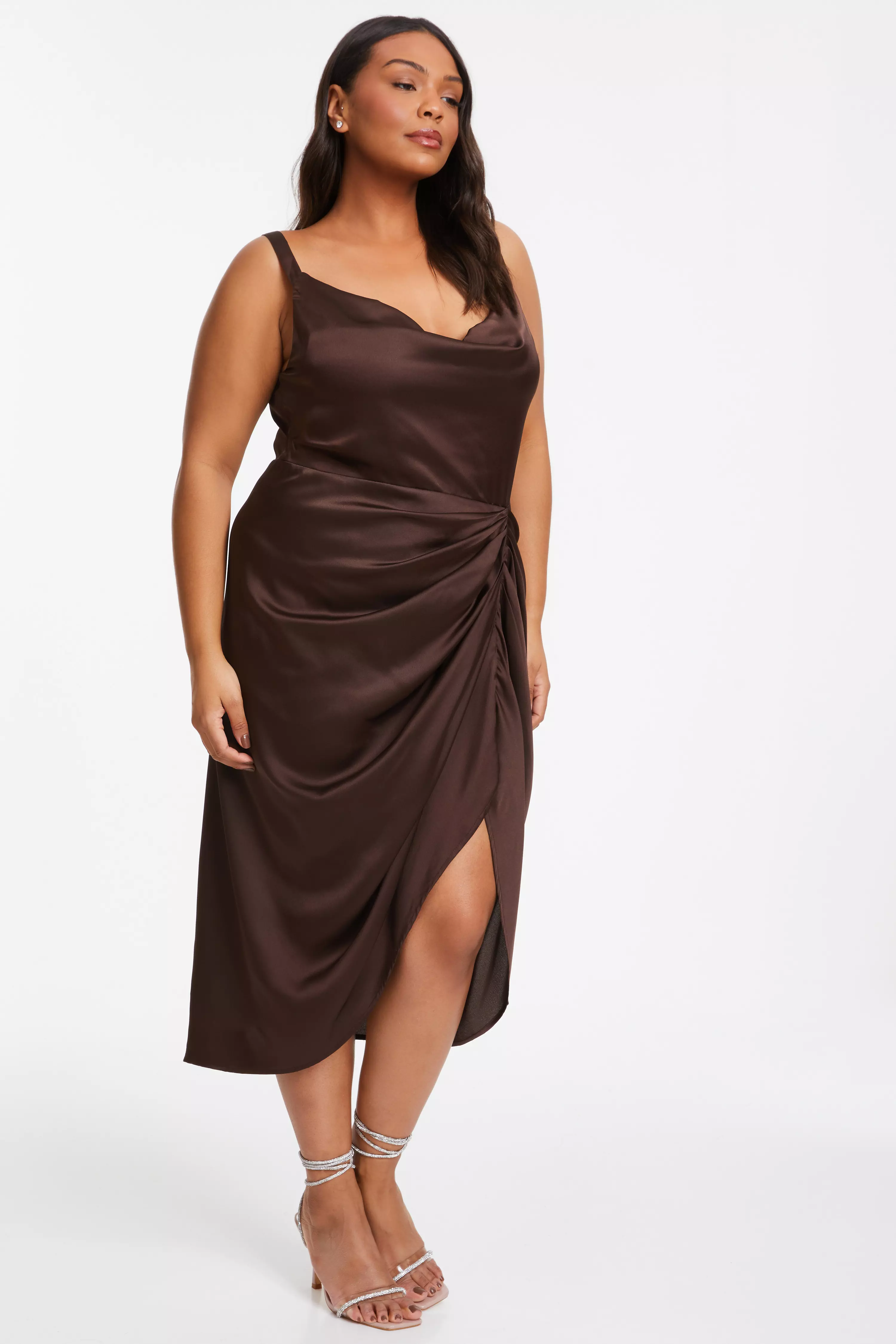 Curve Brown Satin Ruched Midi Dress