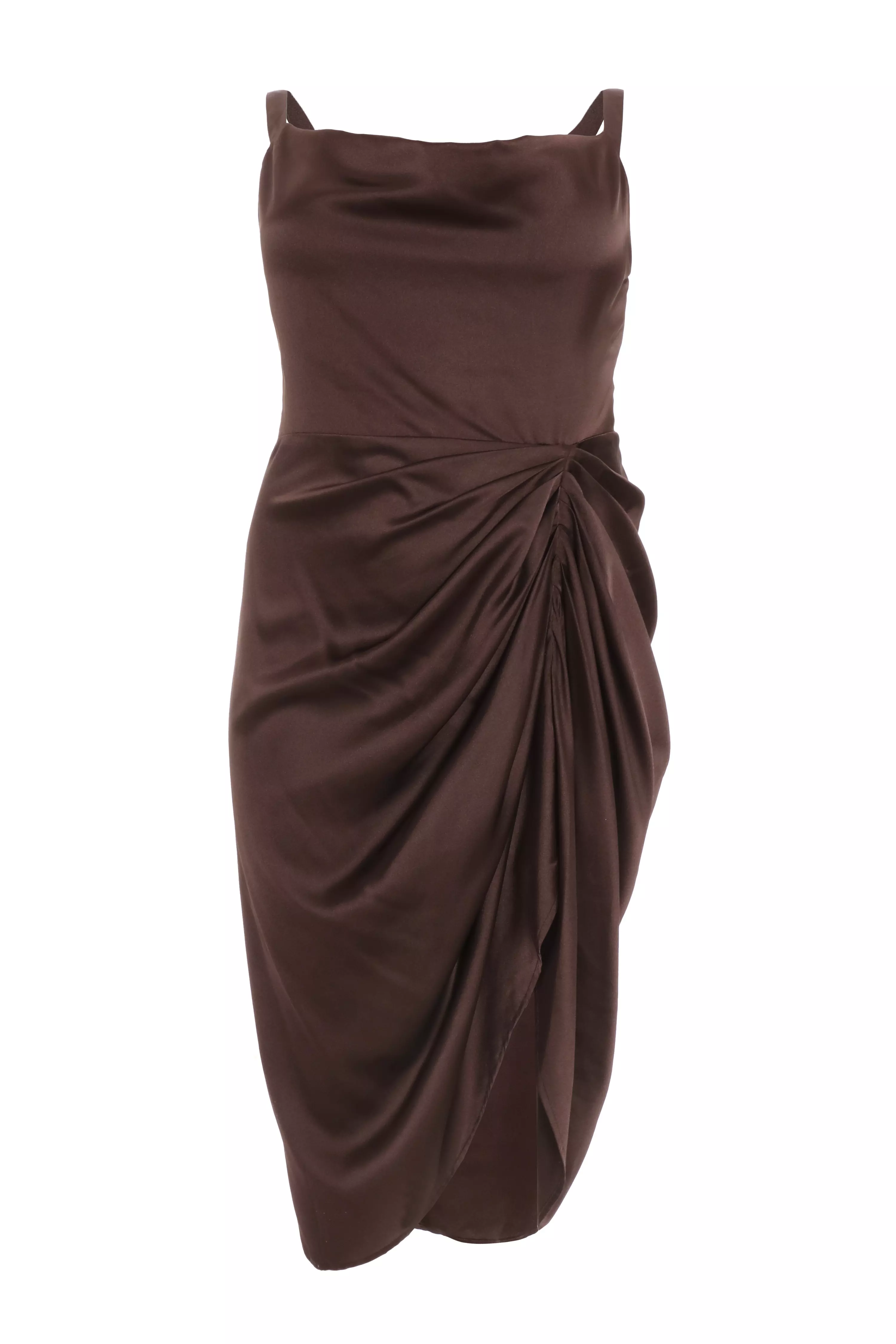 Curve Brown Satin Ruched Midi Dress