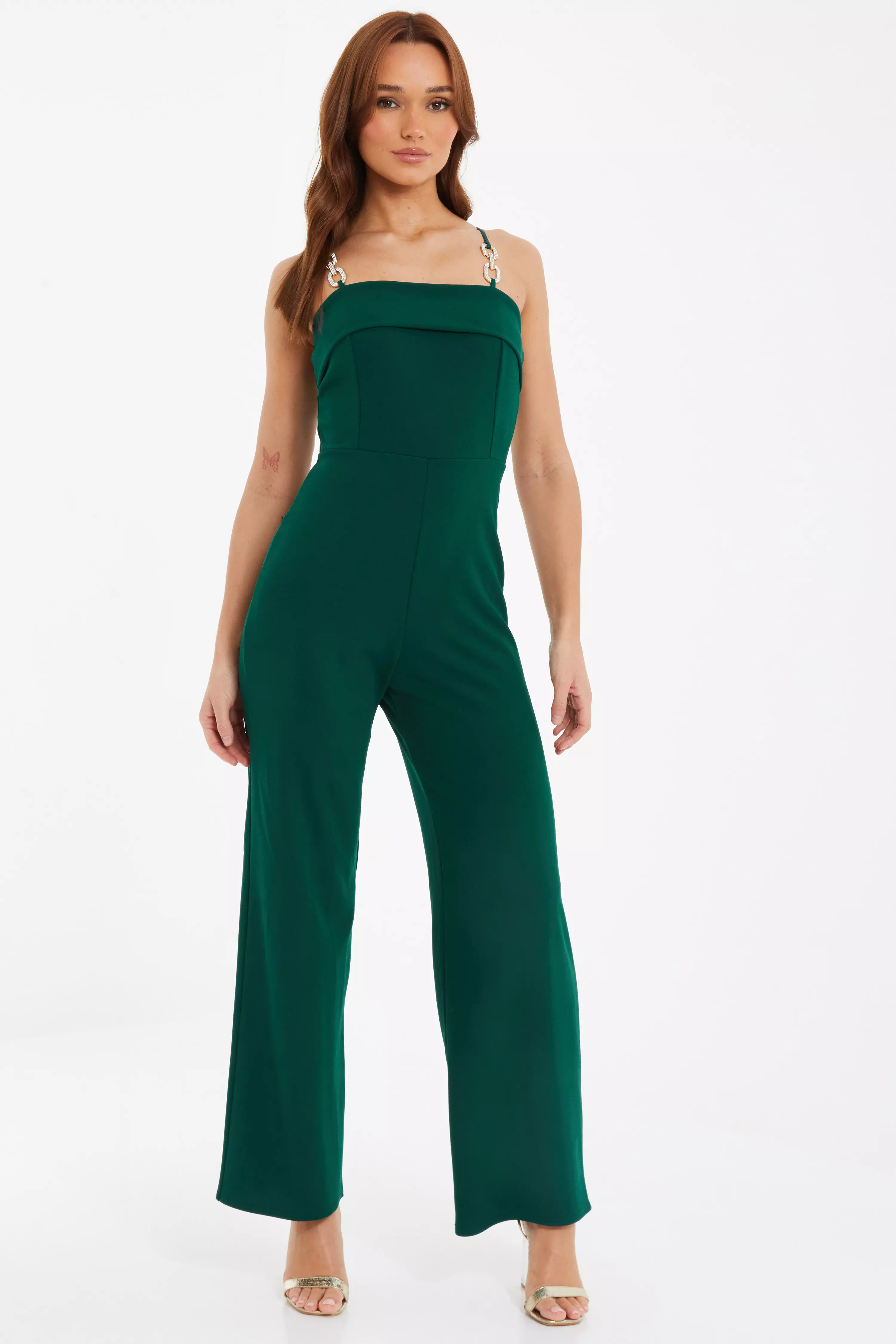 Bottle Green Buckle Diamante Strap Palazzo Jumpsuit