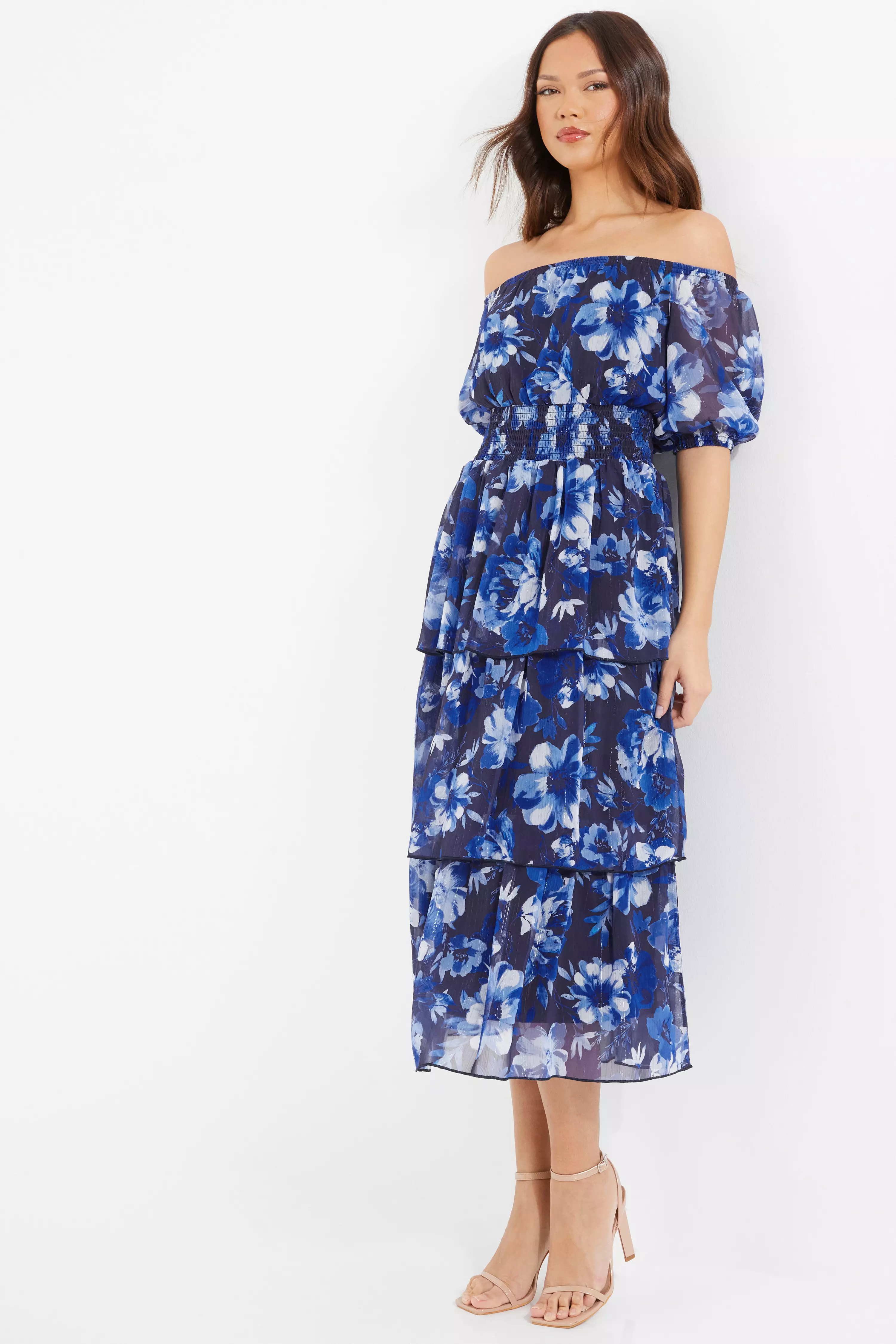 Navy Chiffon Floral Bardot Midi Dress