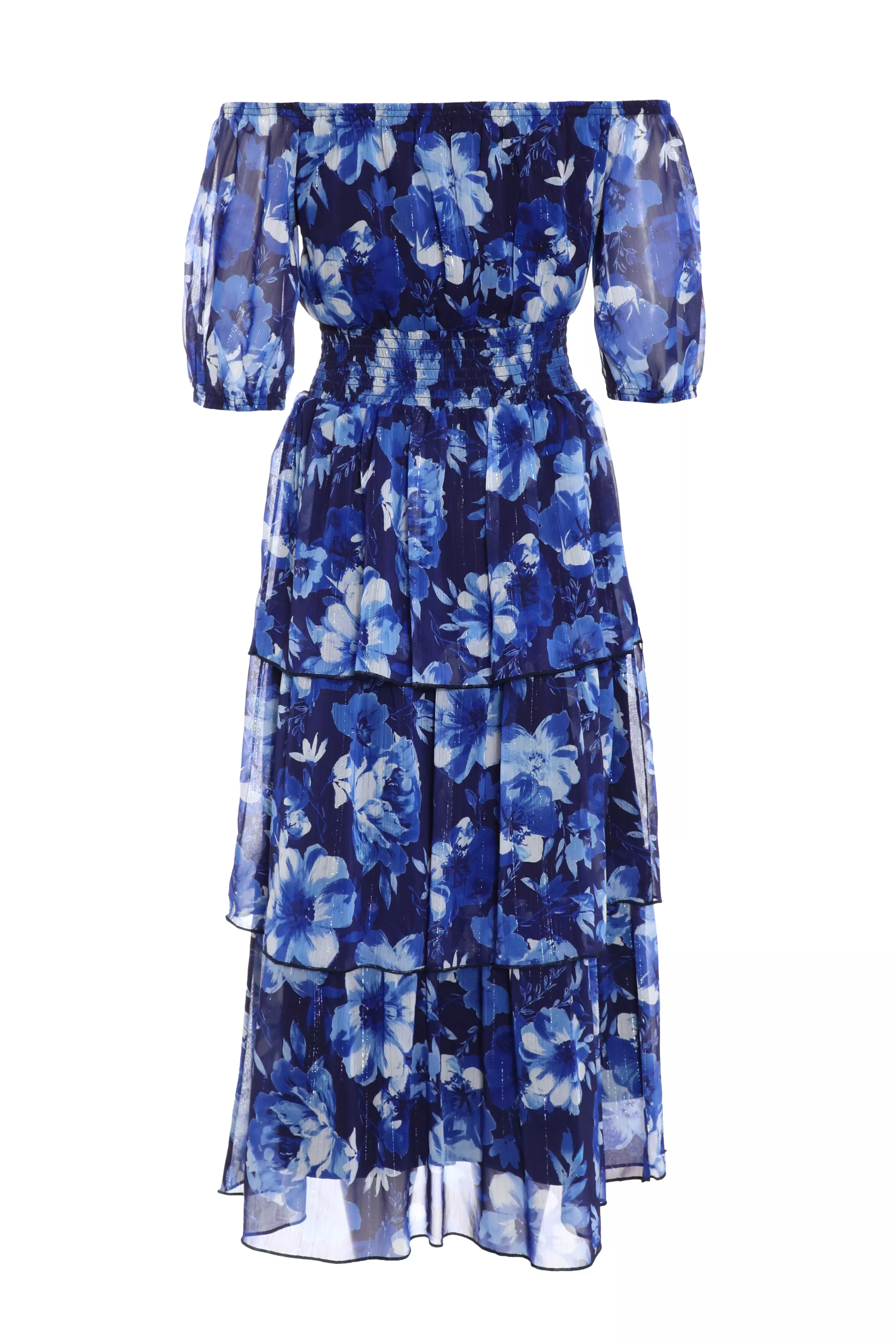 Navy Chiffon Floral Bardot Midi Dress