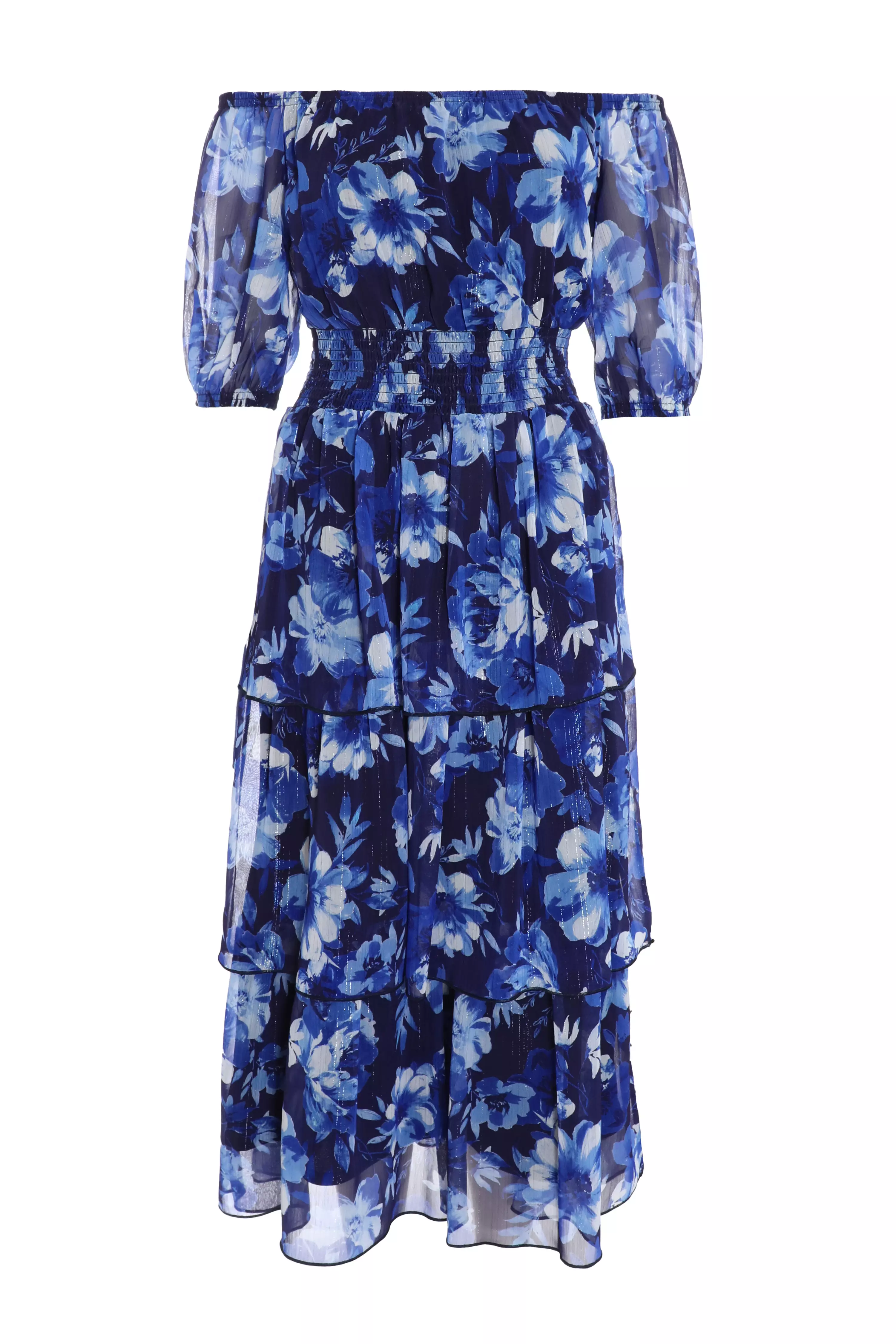 Navy Chiffon Floral Bardot Midi Dress