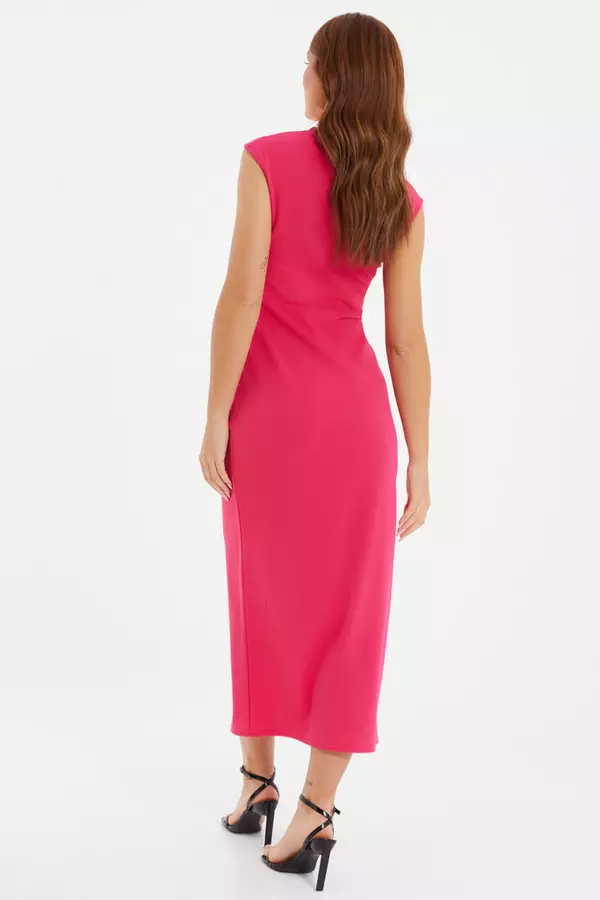 Pink Ruched Button Up Midaxi Dress