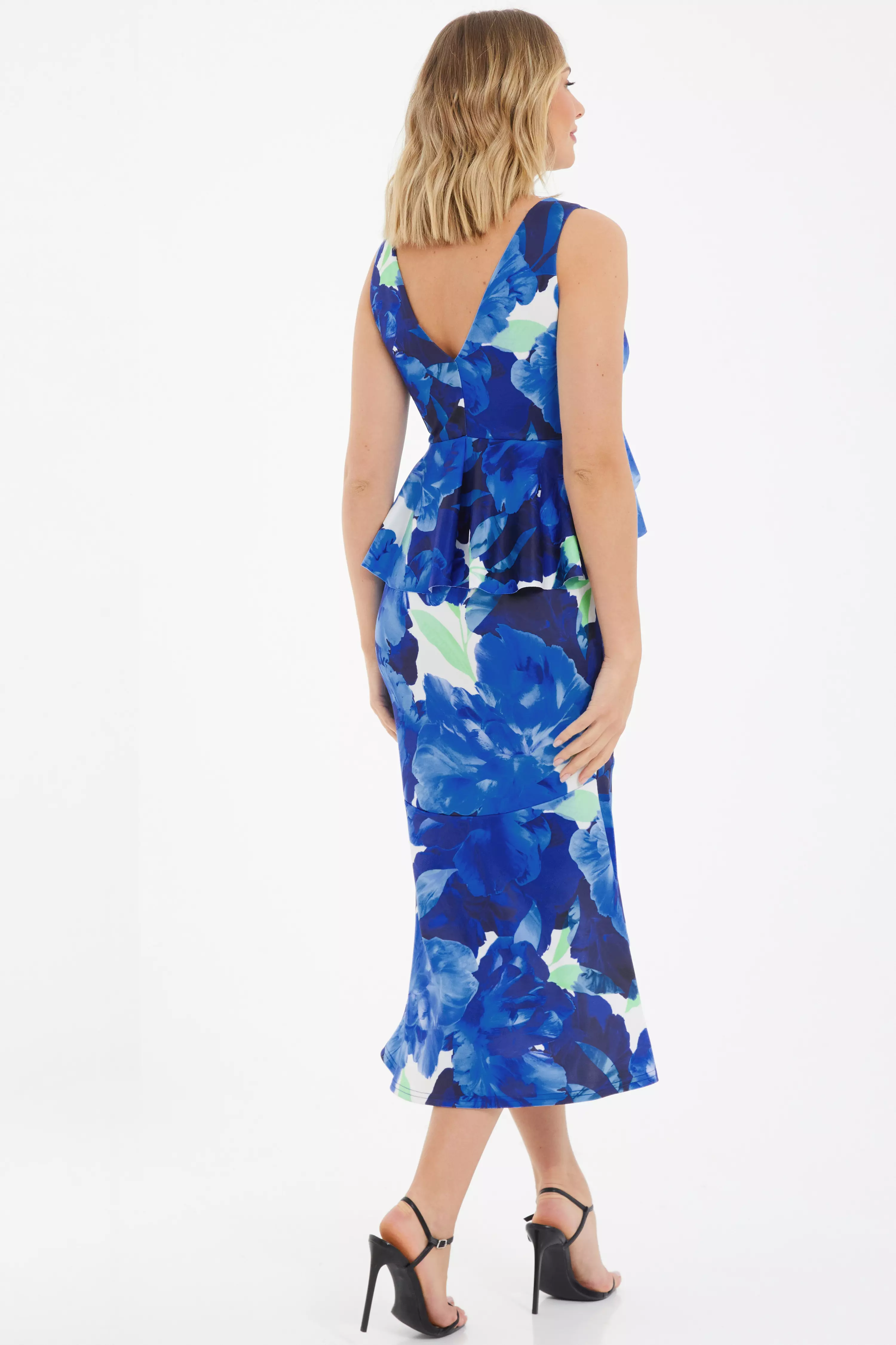 Royal Blue Floral Frill Midi Dress