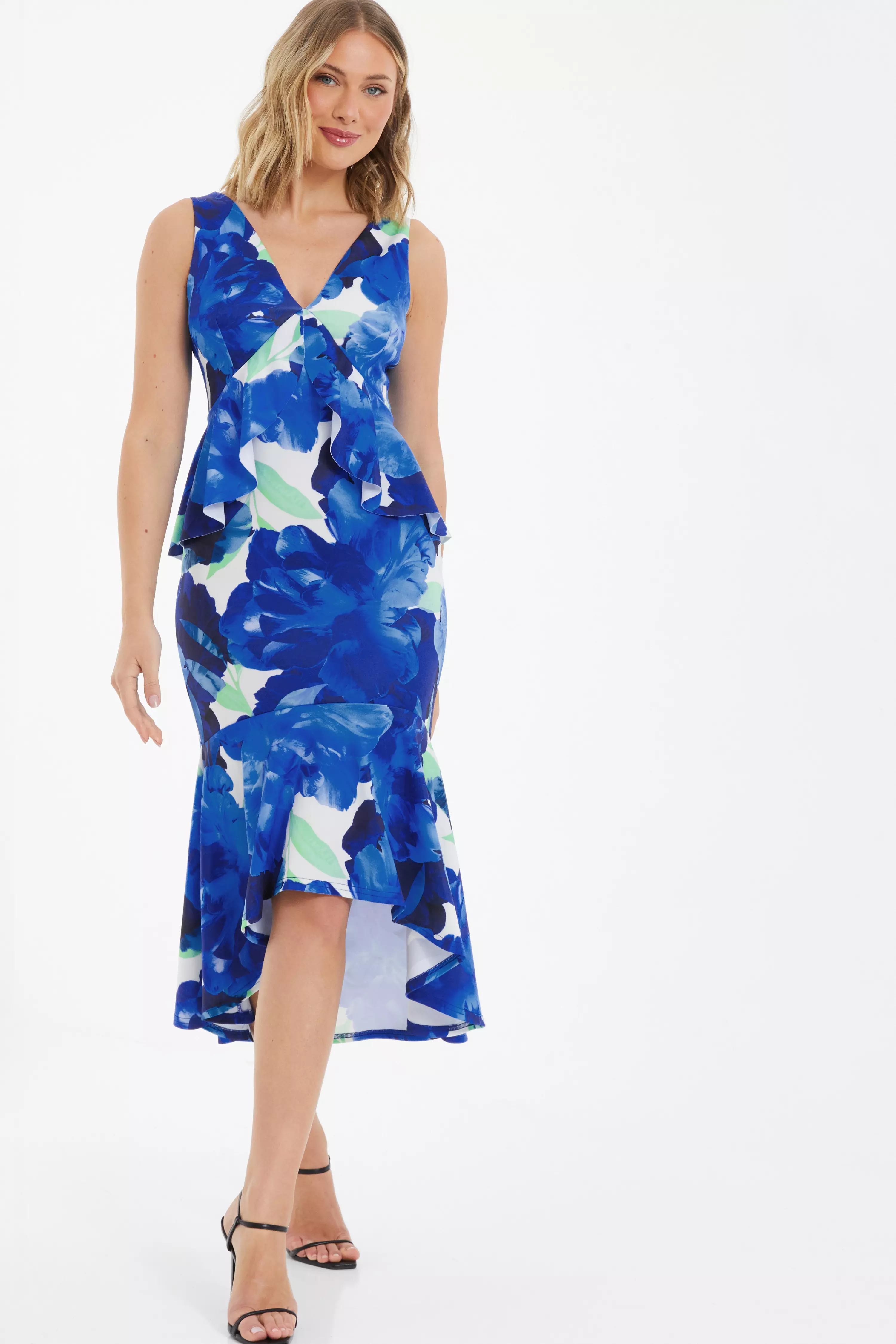 Royal Blue Floral Frill Midi Dress