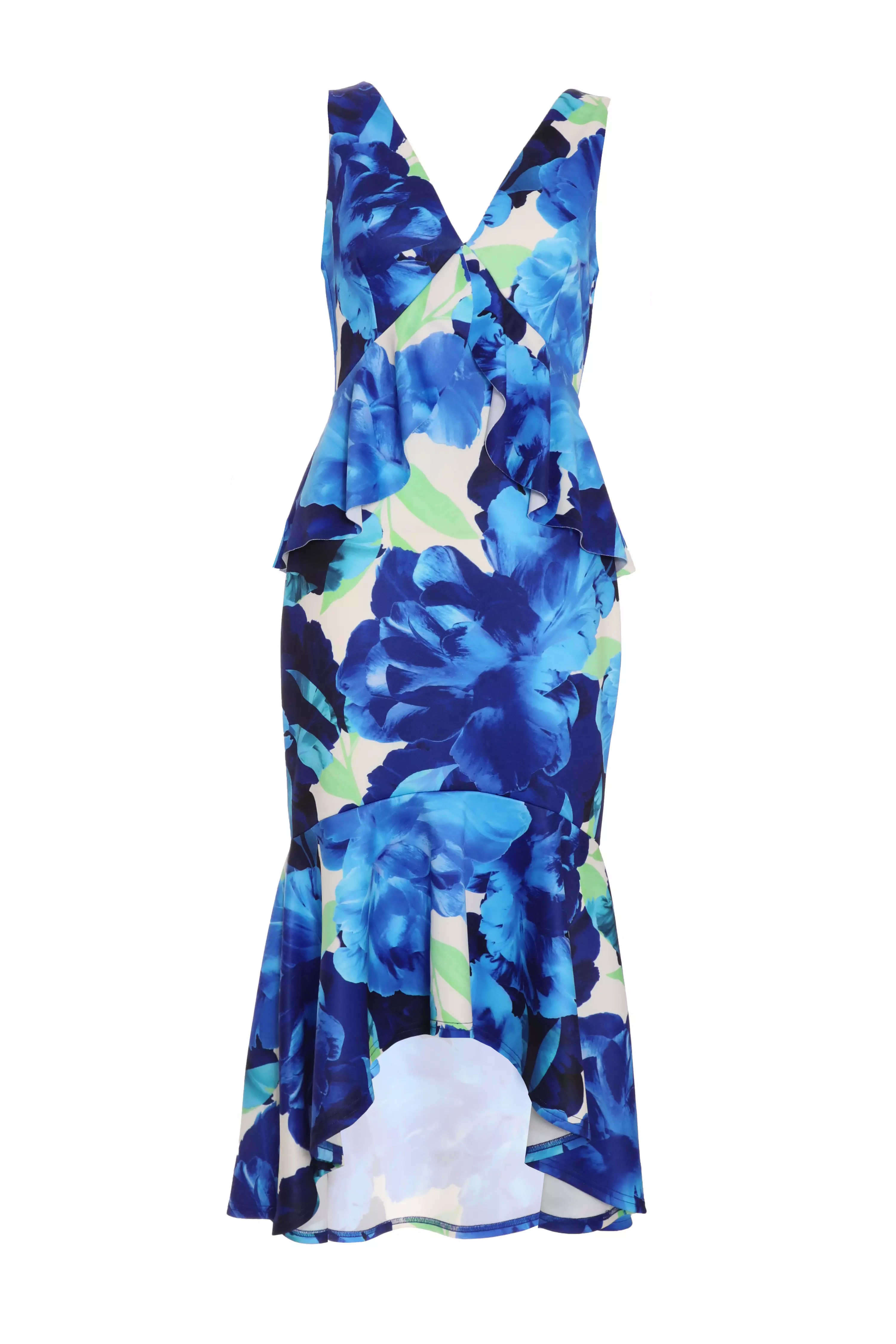 Royal Blue Floral Frill Midi Dress