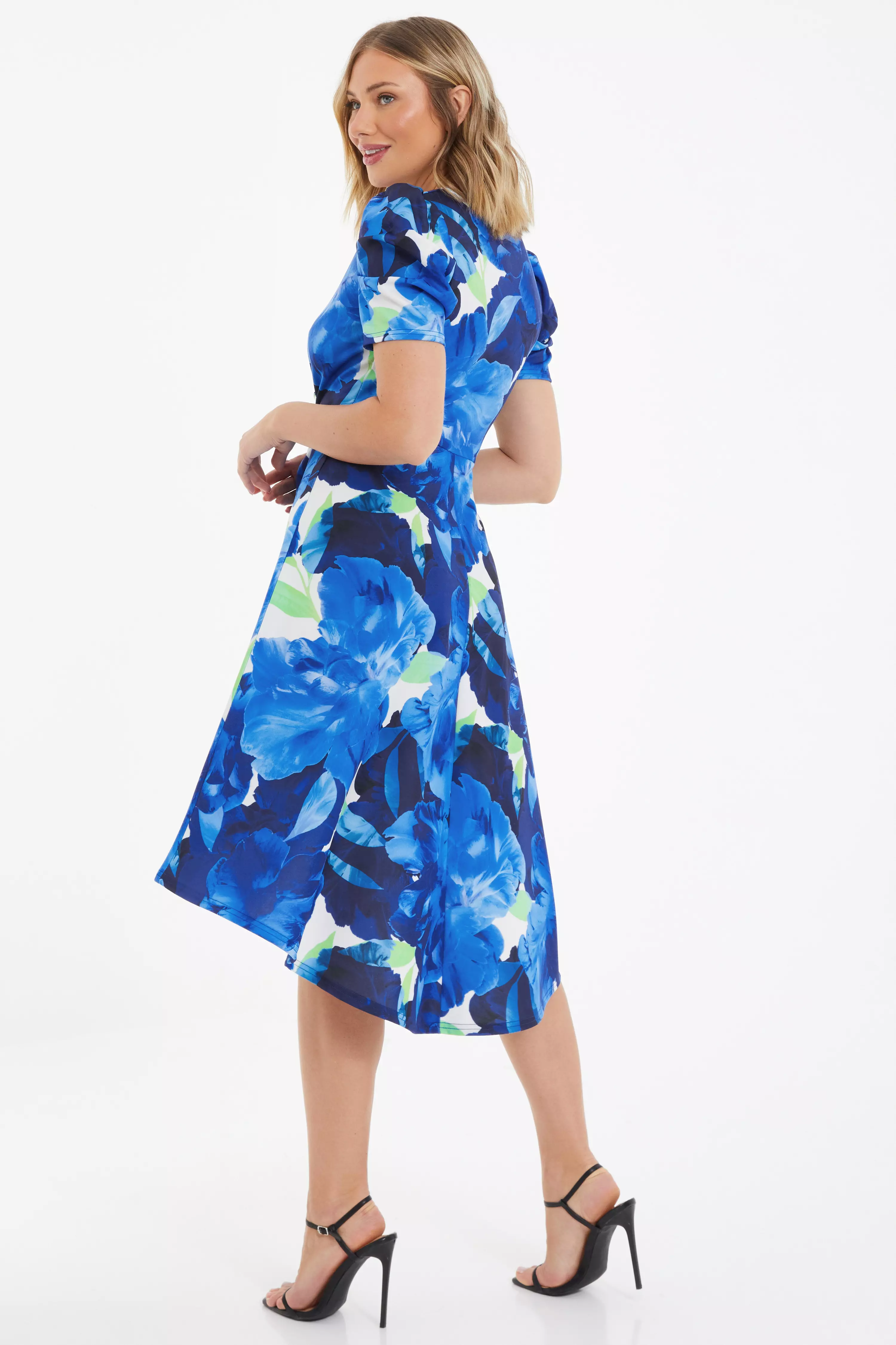 Blue Floral Dip Hem Midi Dress