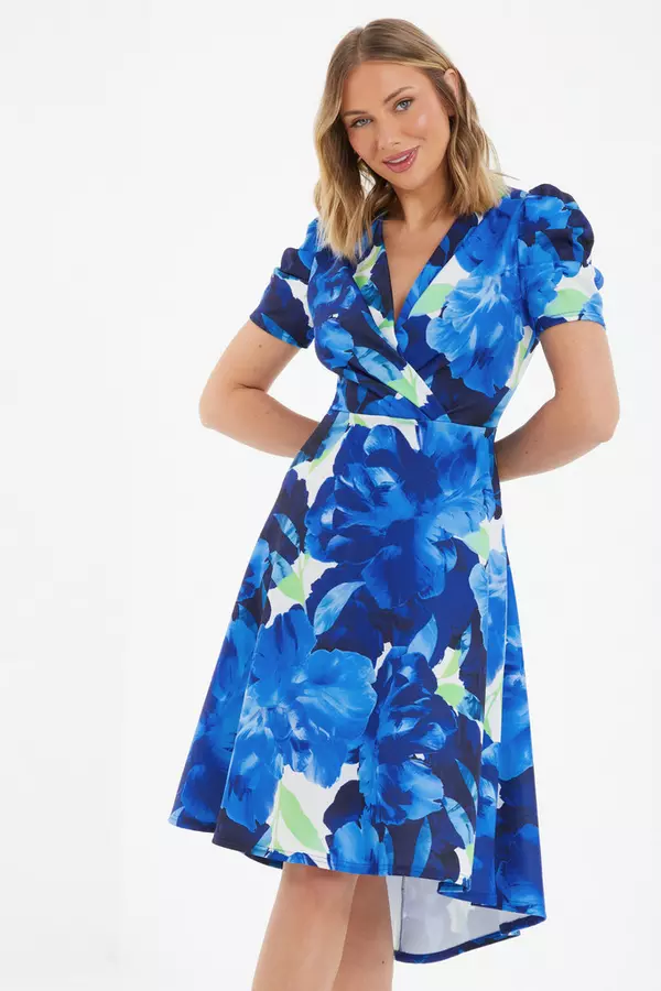 Blue Floral Dip Hem Midi Dress