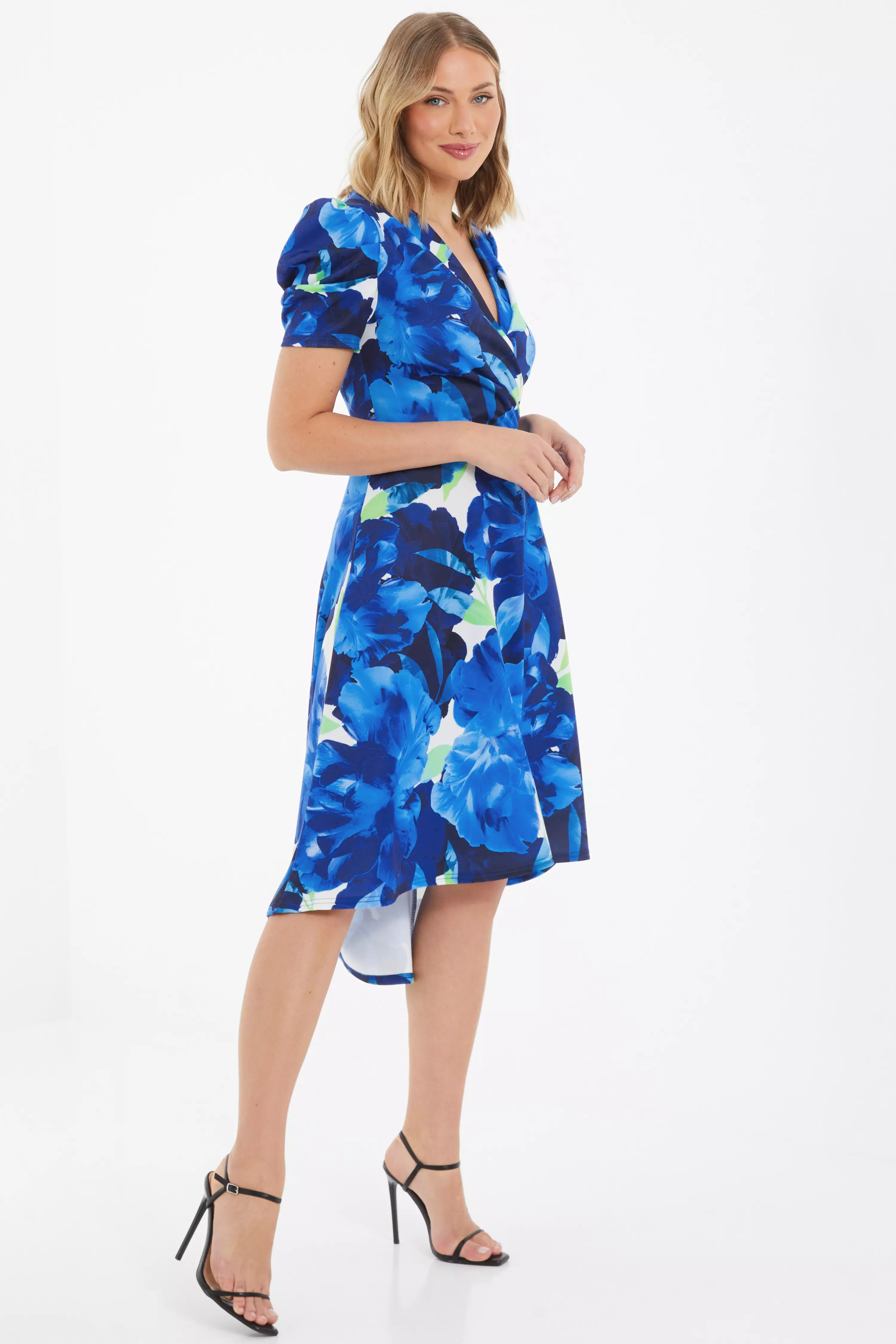 Blue Floral Dip Hem Midi Dress