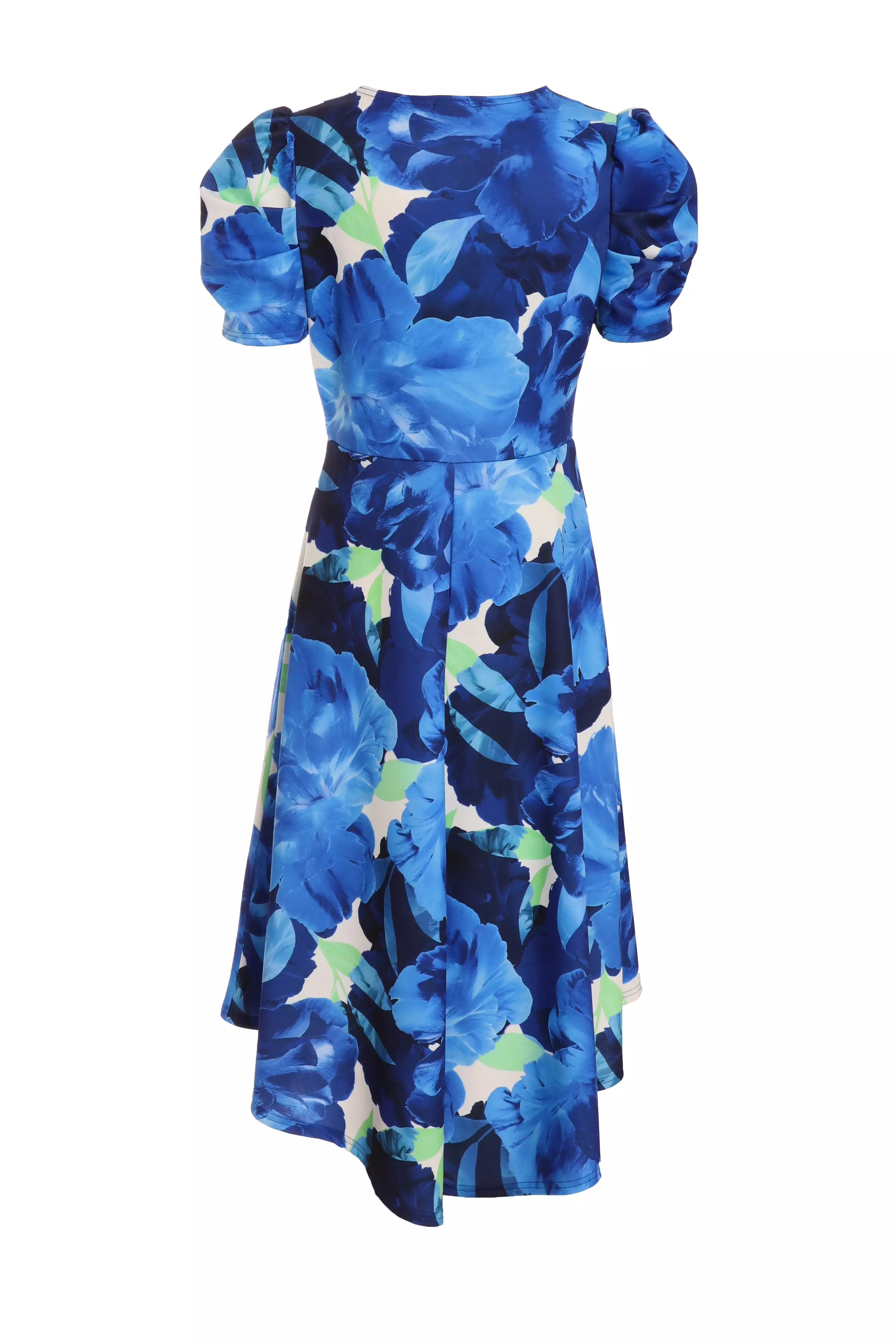 Blue Floral Dip Hem Midi Dress