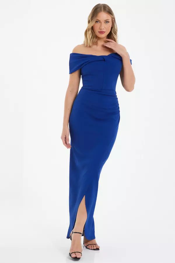 Royal Blue Ruched Bardot Maxi Dress