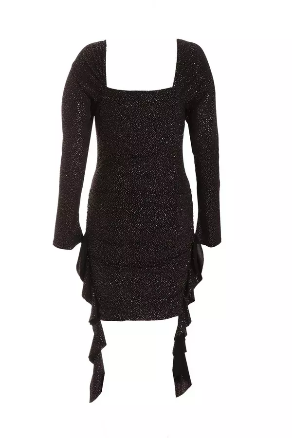 Black Glitter Ruched Bodycon Mini Dress